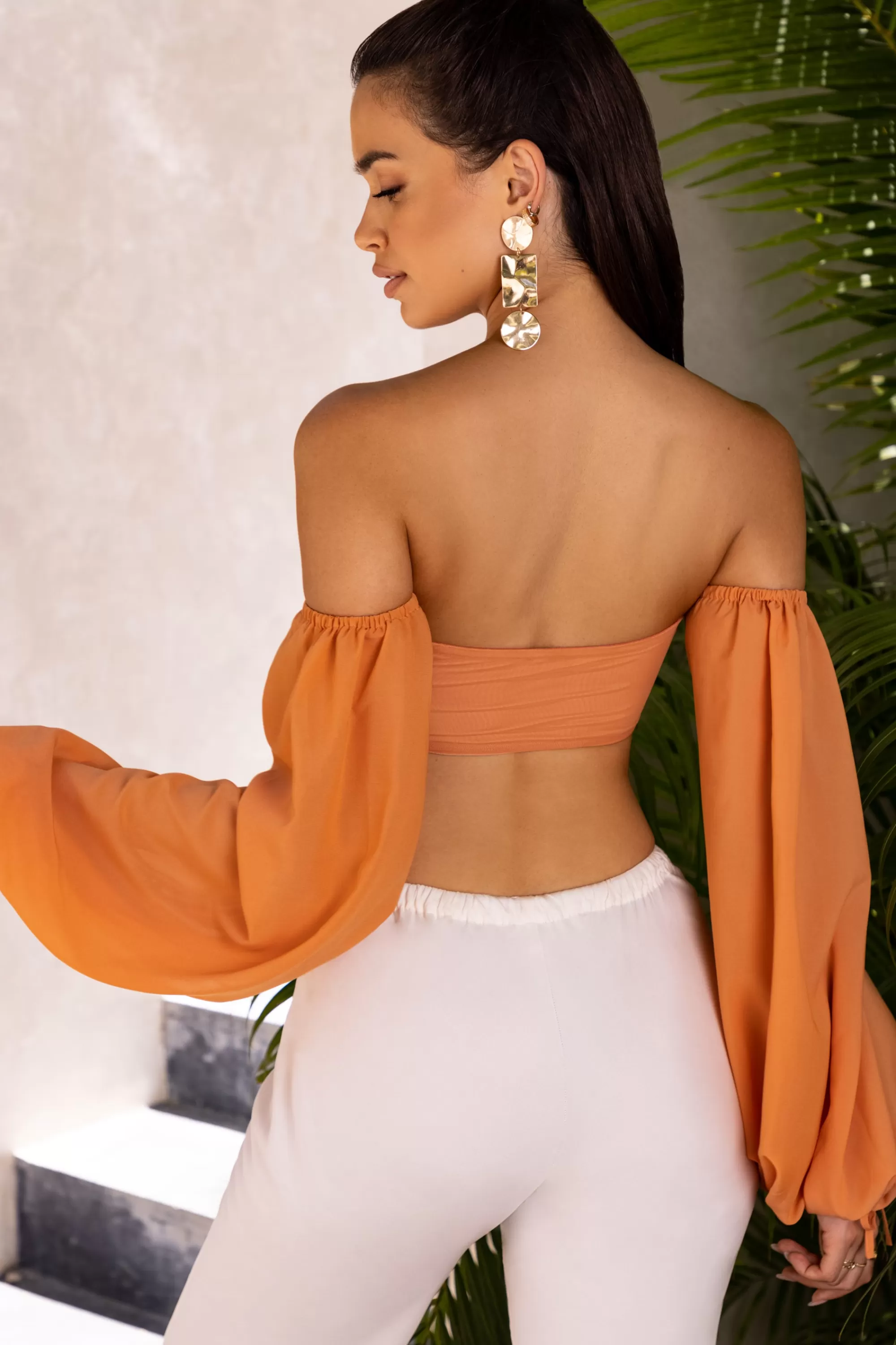 Oh Polly Bardot Cut Out Crop Top in Caramel Best