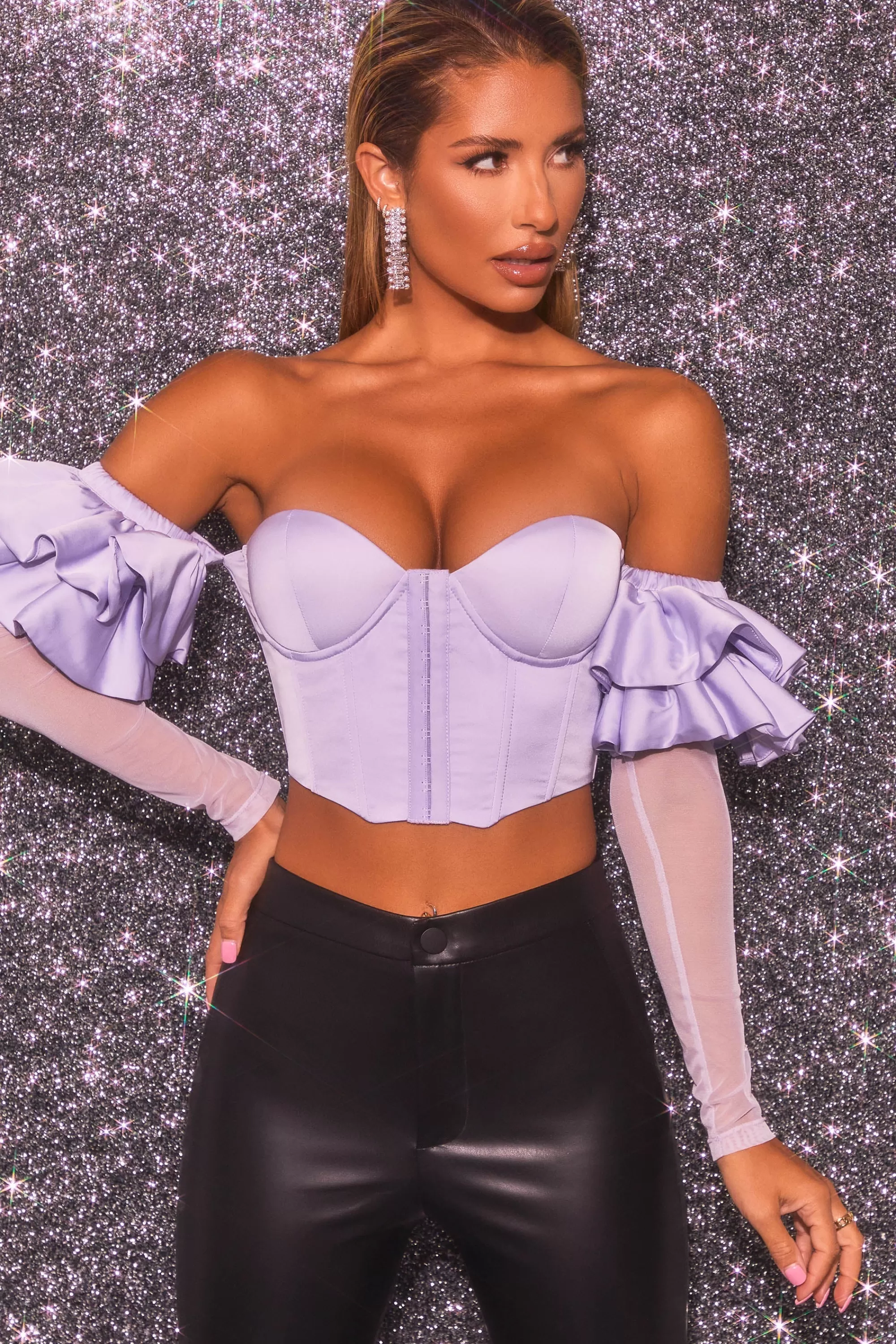 Oh Polly Bardot Long Ruffle Sleeve Corset Crop Top in Lilac Cheap