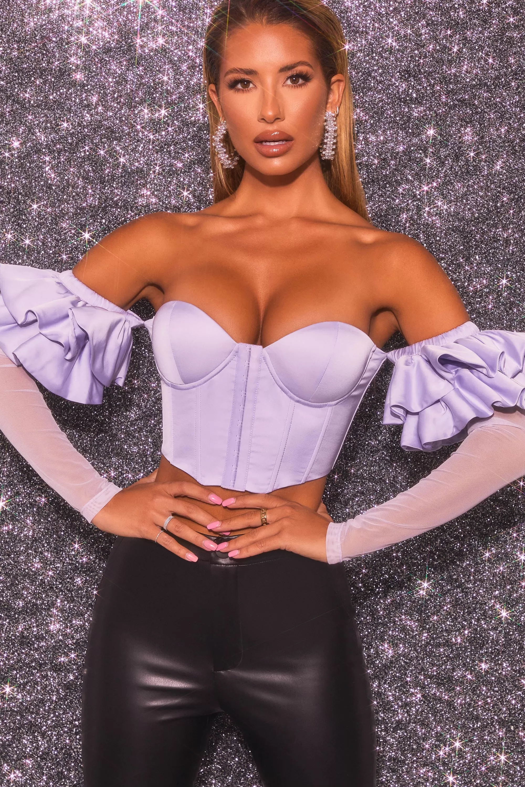 Oh Polly Bardot Long Ruffle Sleeve Corset Crop Top in Lilac Cheap