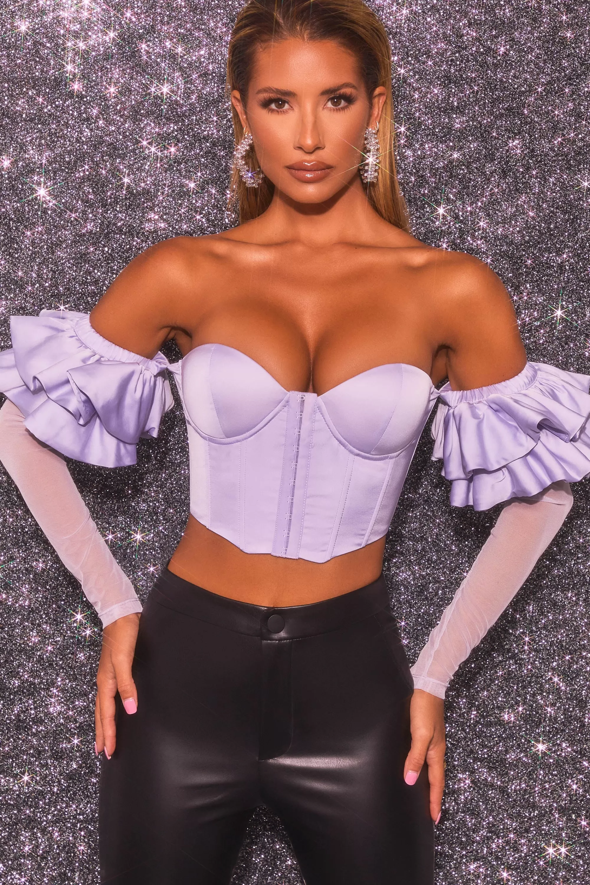 Oh Polly Bardot Long Ruffle Sleeve Corset Crop Top in Lilac Cheap