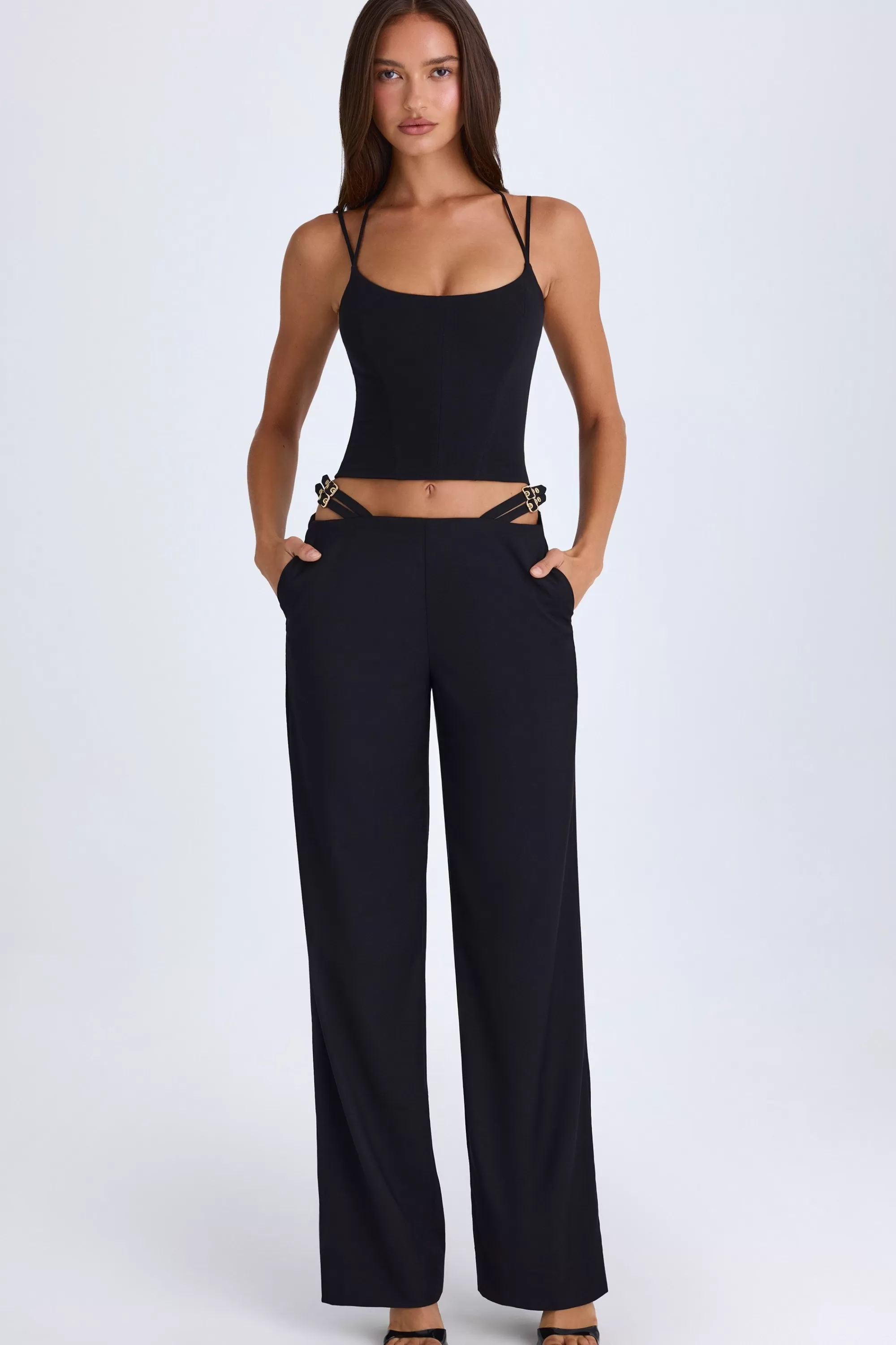 Oh Polly Belted Cut-Out Wide-Leg Trousers in Black Hot