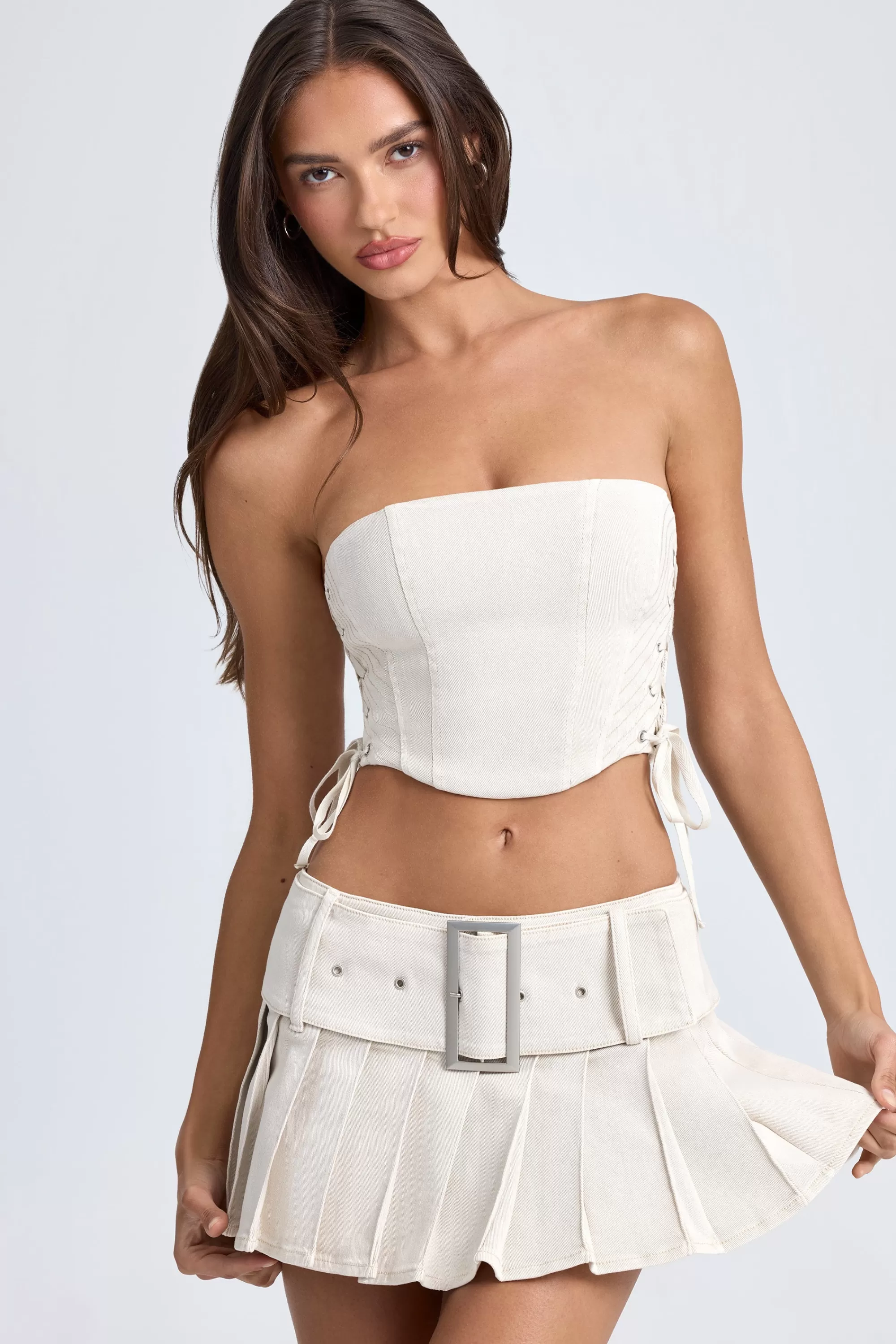 Oh Polly Belted Pleated Low-Rise Micro Mini Skirt in Ecru Store