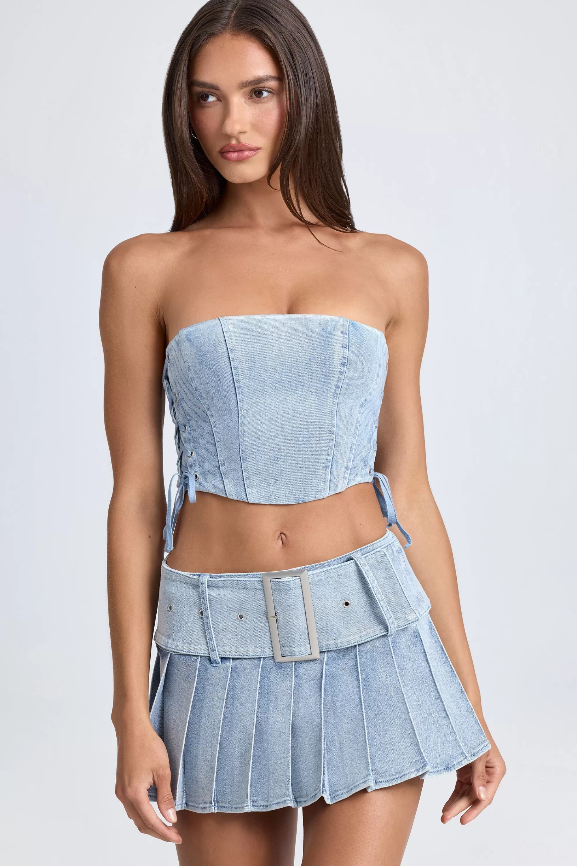 Oh Polly Belted Pleated Low-Rise Micro Mini Skirt in Light Blue Stonewash LightBlueStonewash Best