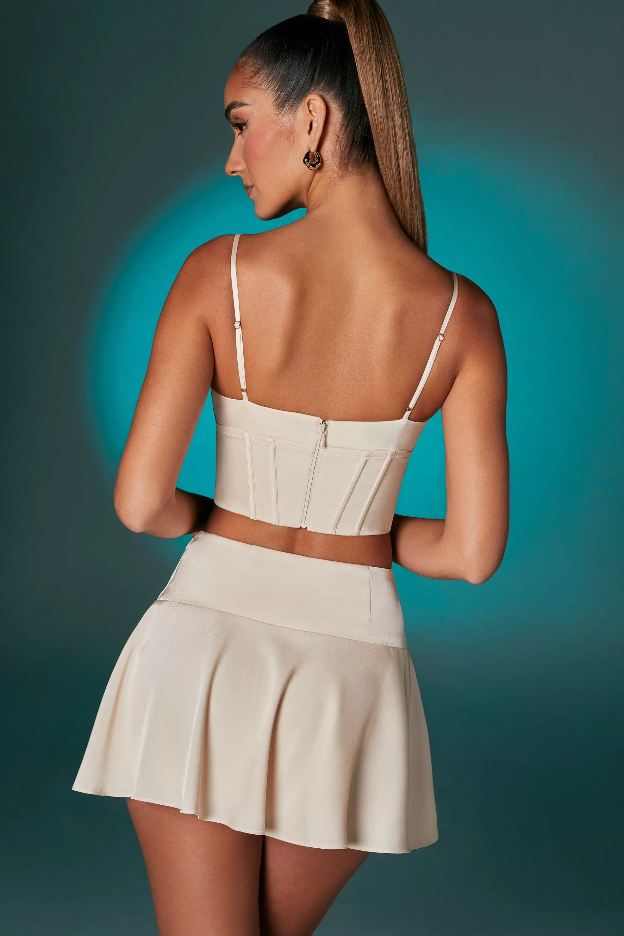 Oh Polly Bias Cut Low Rise Satin Mini Skirt in Ivory Hot