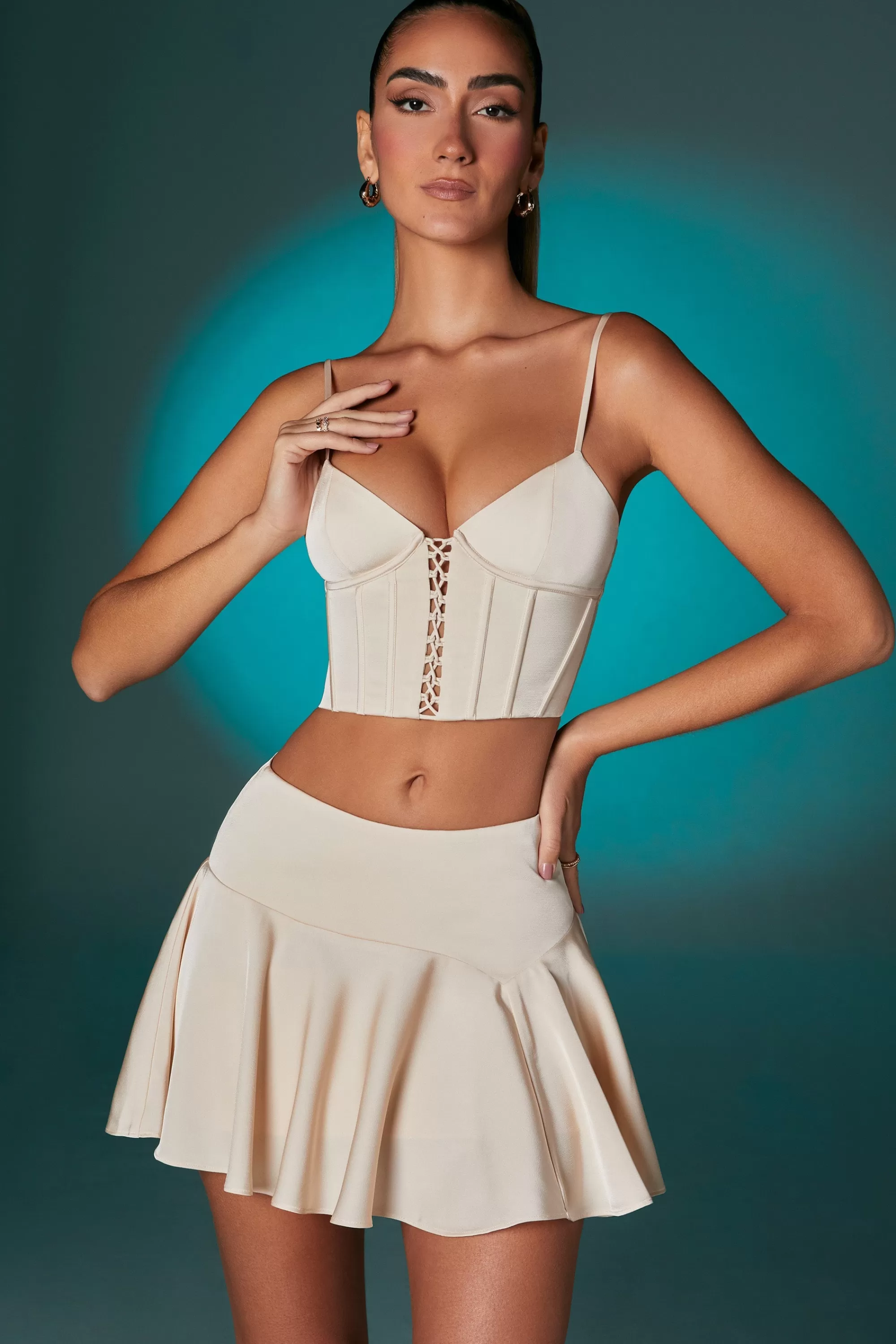 Oh Polly Bias Cut Low Rise Satin Mini Skirt in Ivory Hot