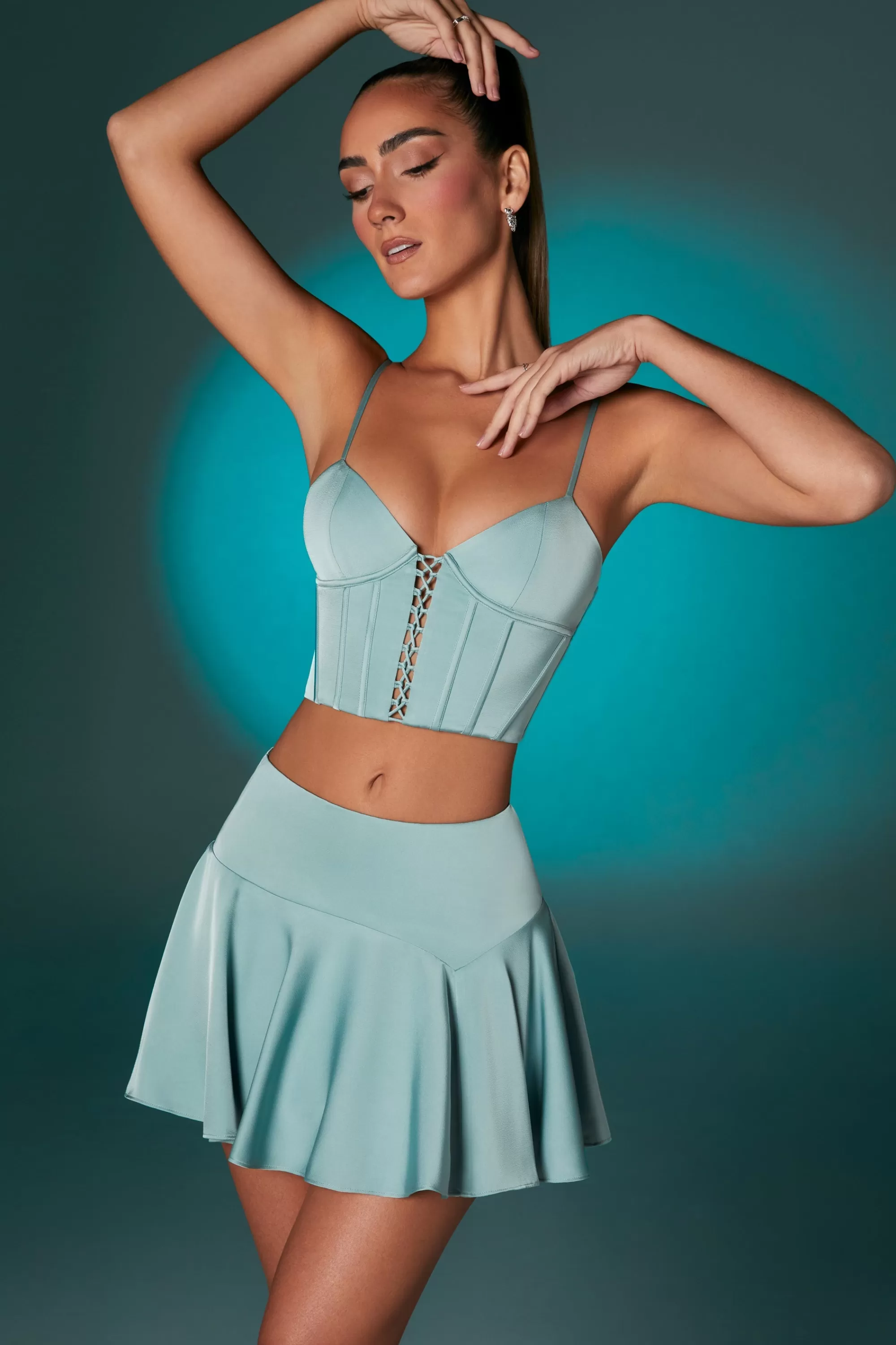 Oh Polly Bias Cut Low Rise Satin Mini Skirt in Steel Blue SteelBlue Store