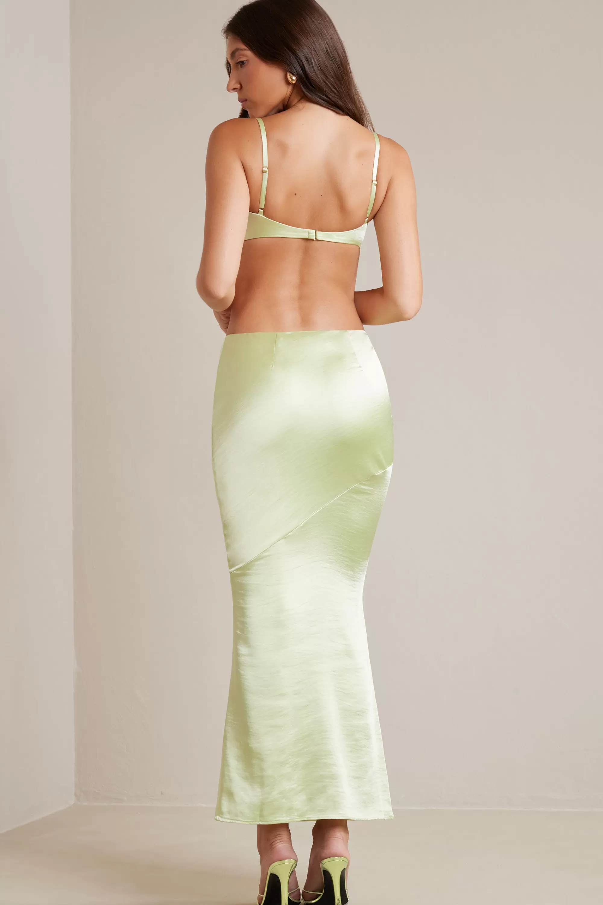 Oh Polly Bias Cut Satin Maxi Skirt in Lime New