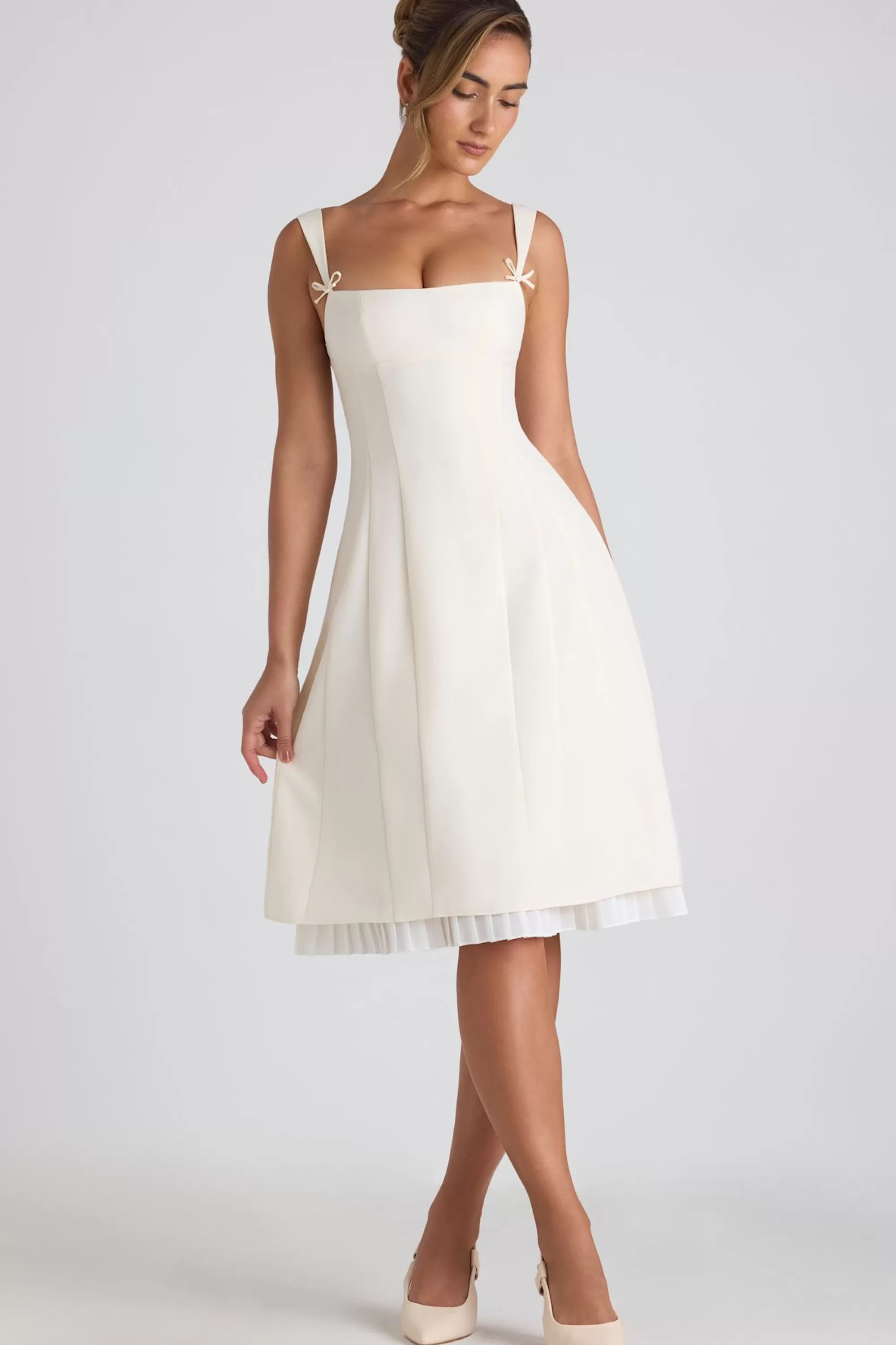 Oh Polly Bow-Detail Pleated A-Line Midi Dress in Ivory Sale