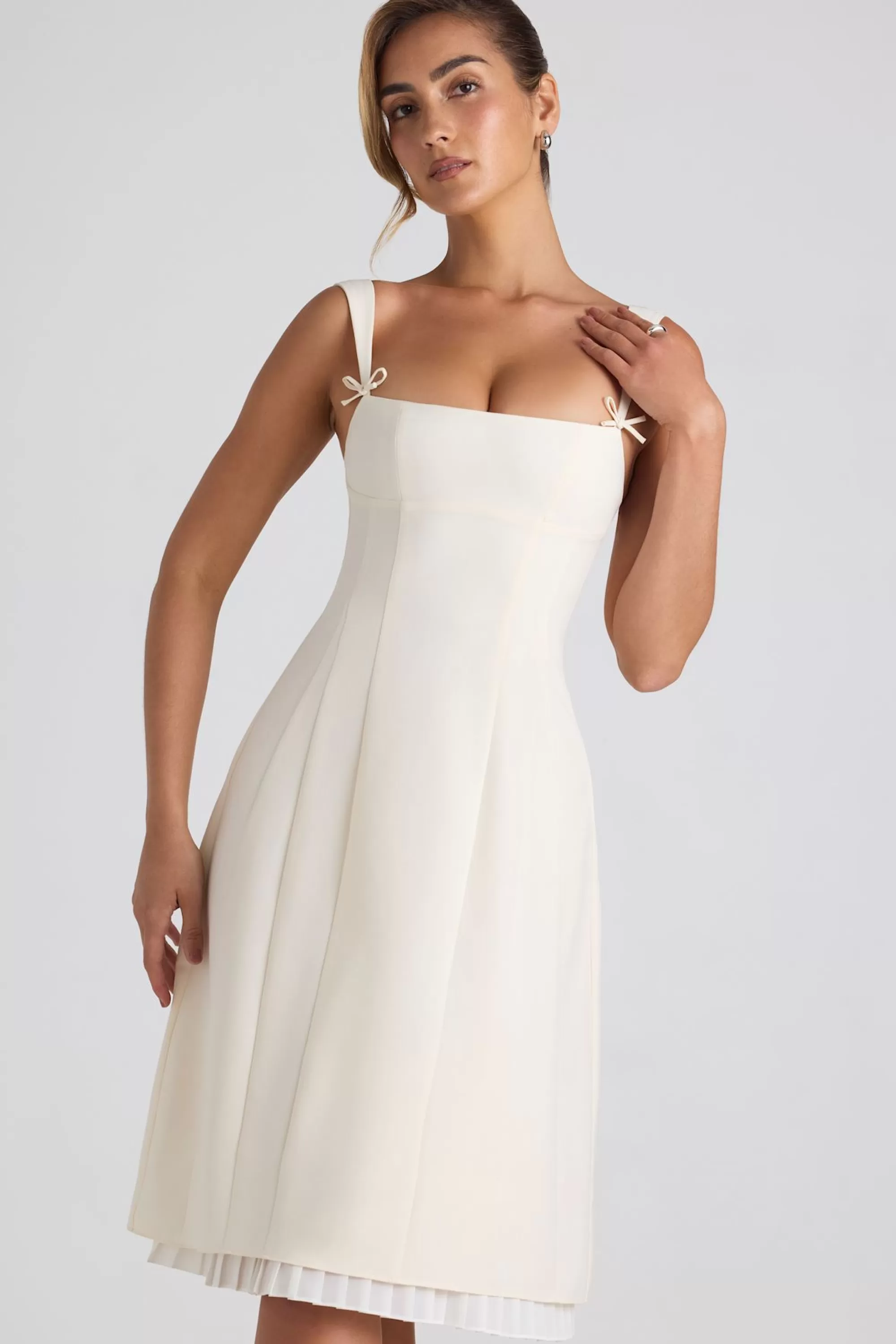 Oh Polly Bow-Detail Pleated A-Line Midi Dress in Ivory Sale