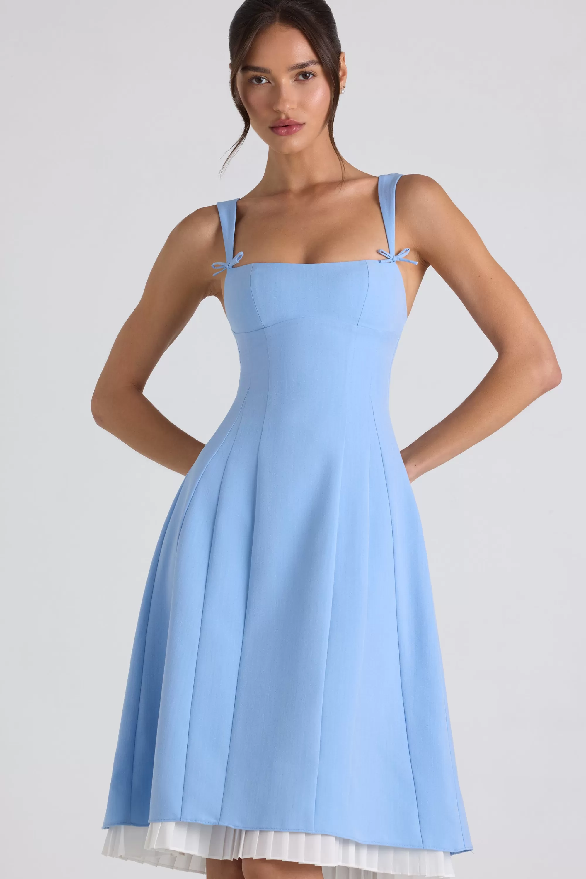 Oh Polly Bow-Detail Pleated A-Line Midi Dress in Sky Blue SkyBlue Shop