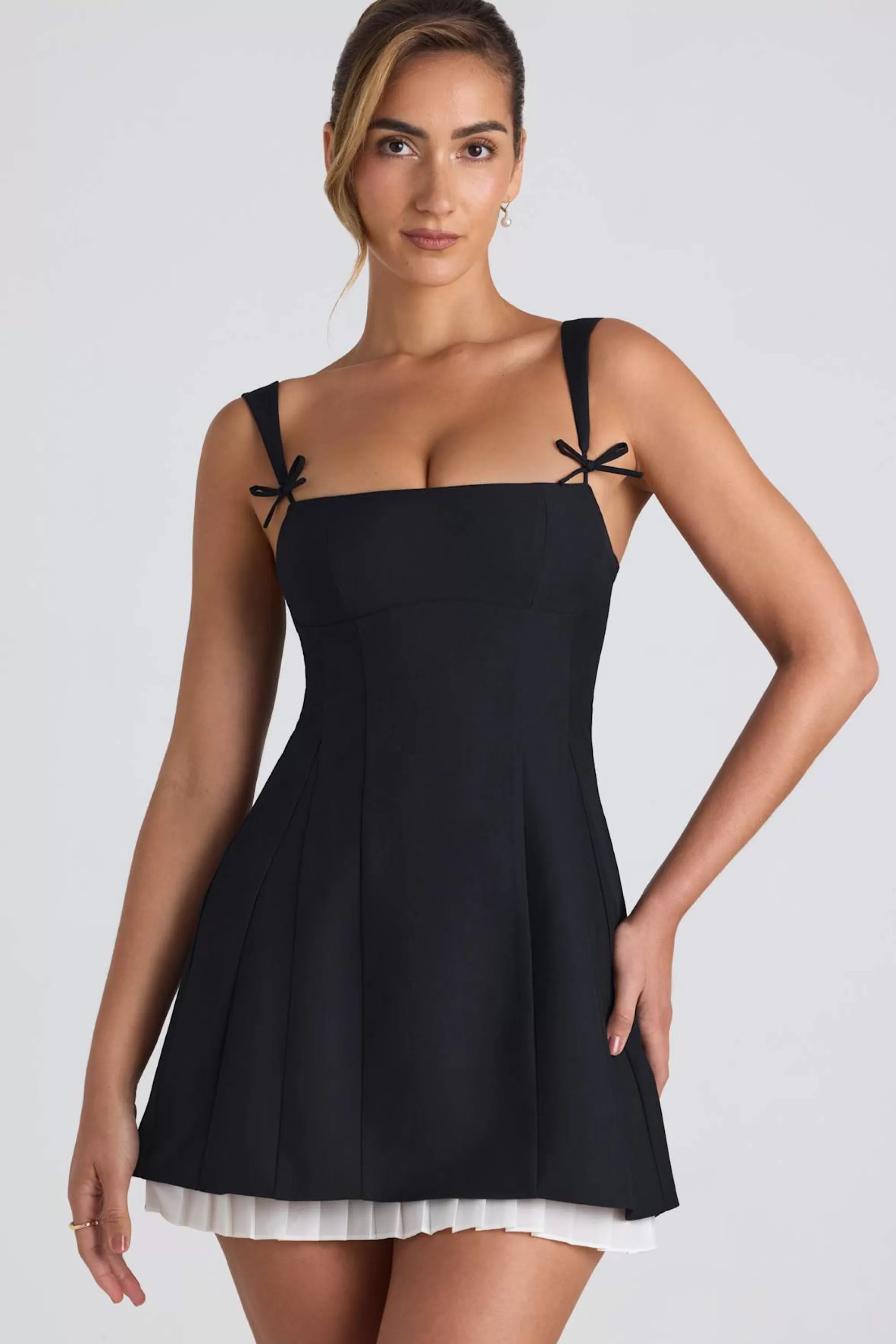 Oh Polly Bow-Detail Pleated A-Line Mini Dress in Black Outlet