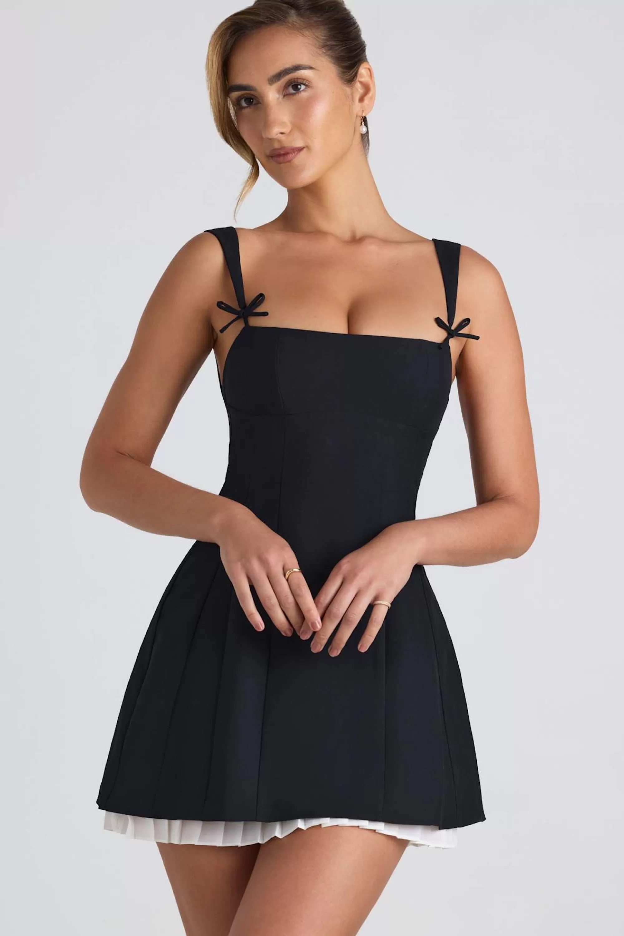 Oh Polly Bow-Detail Pleated A-Line Mini Dress in Black Outlet