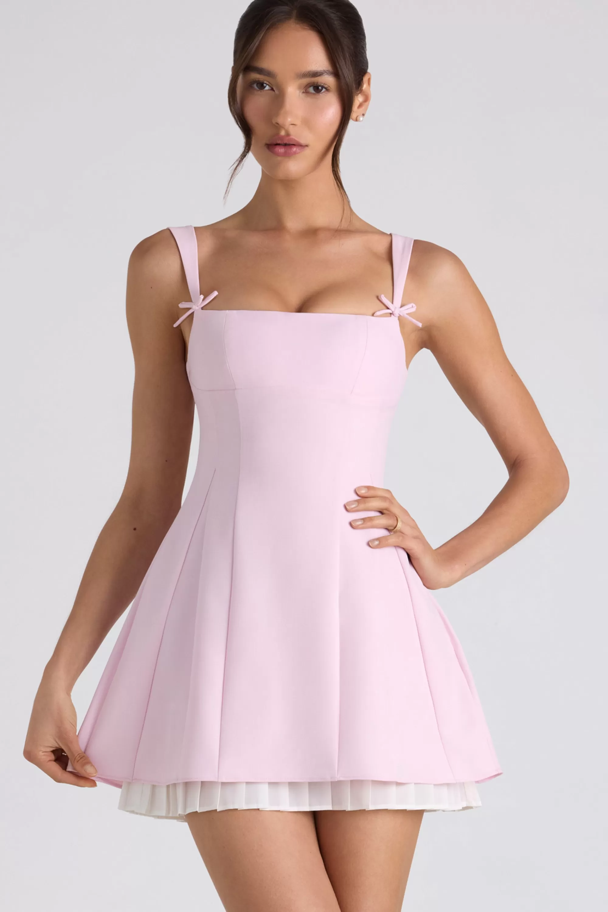 Oh Polly Bow-Detail Pleated A-Line Mini Dress in Soft Pink SoftPink Clearance