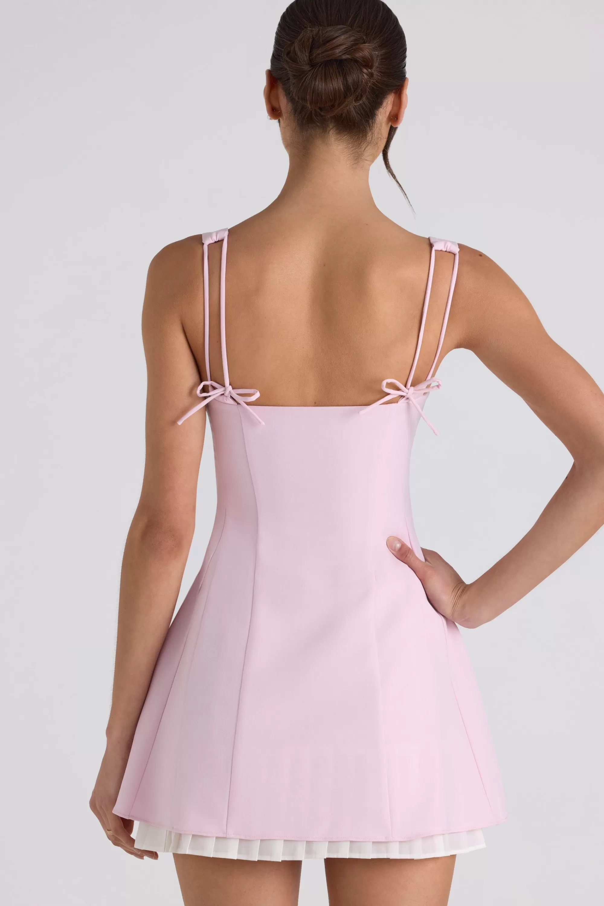 Oh Polly Bow-Detail Pleated A-Line Mini Dress in Soft Pink SoftPink Clearance