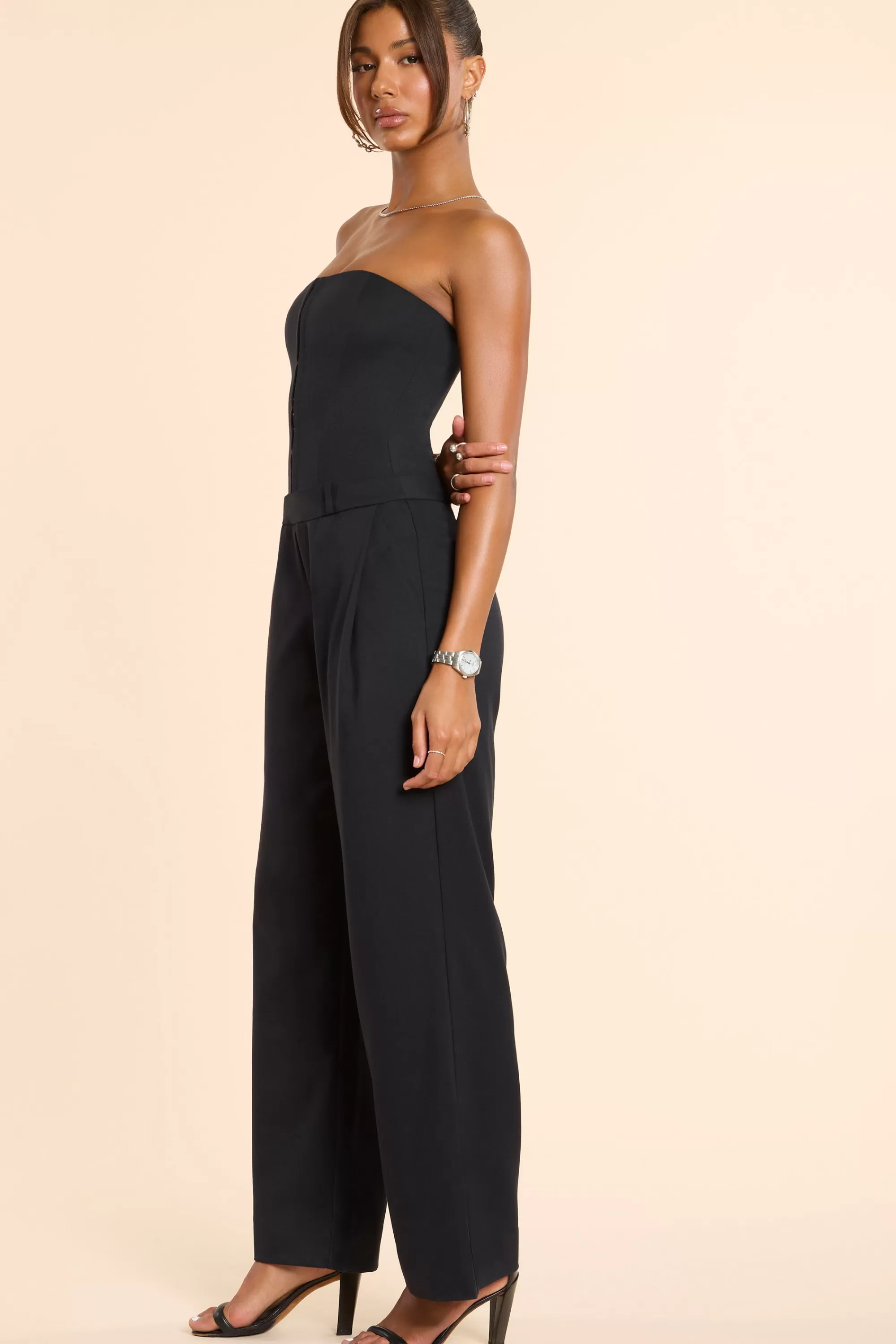 Oh Polly Brushed Twill Bandeau Corset Jumpsuit in Black Best Sale