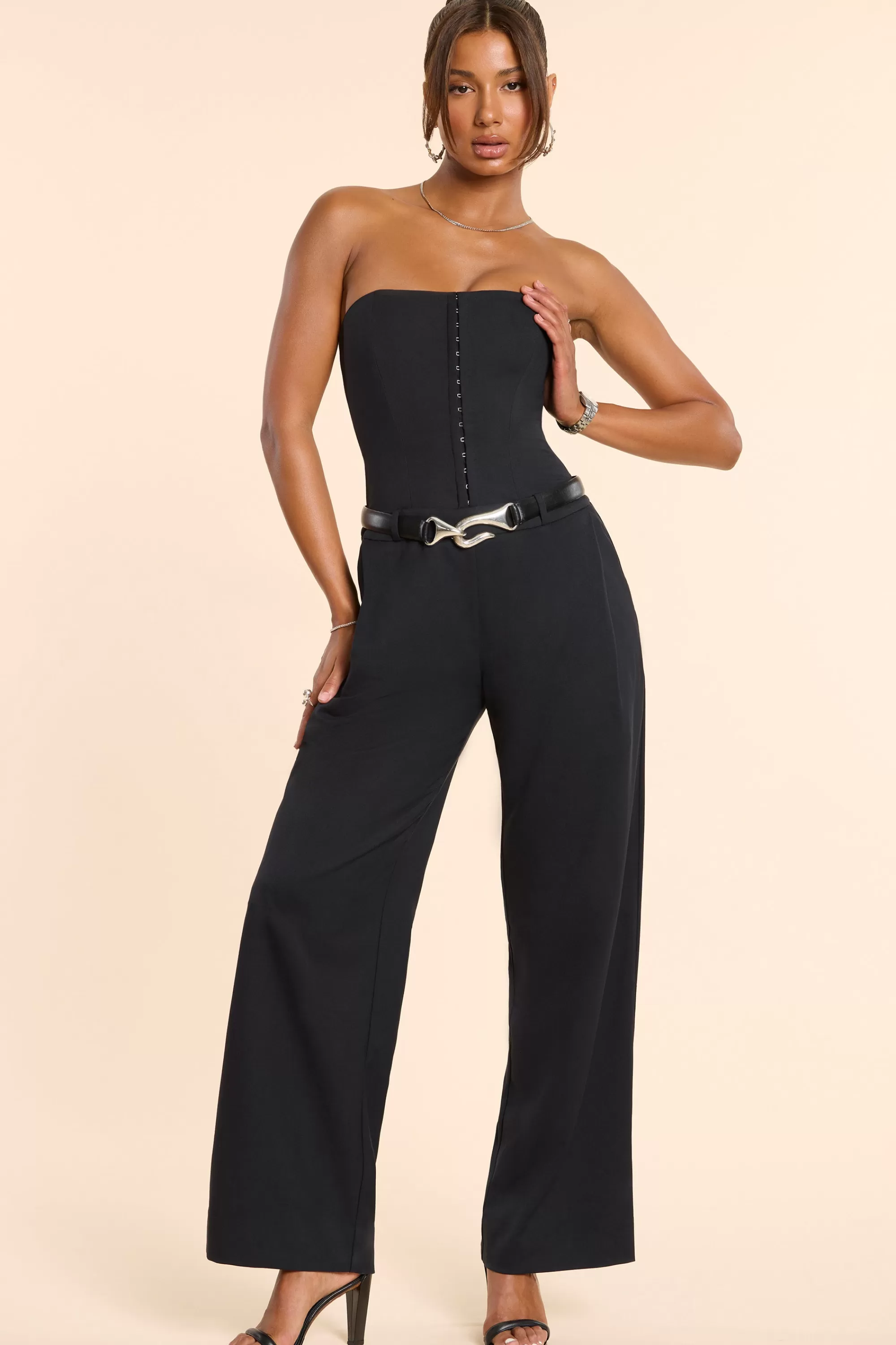 Oh Polly Brushed Twill Bandeau Corset Jumpsuit in Black Best Sale