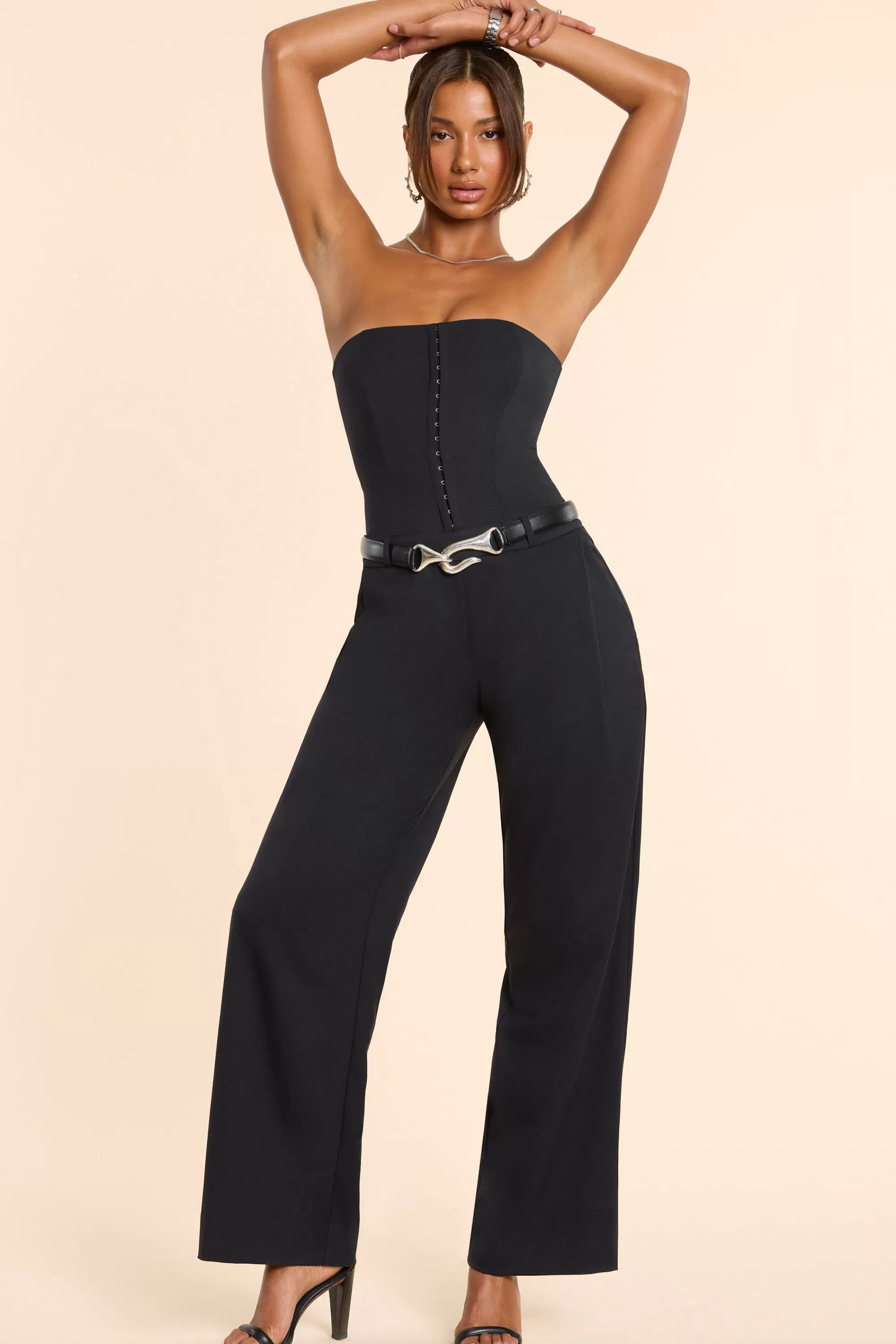 Oh Polly Brushed Twill Bandeau Corset Jumpsuit in Black Best Sale