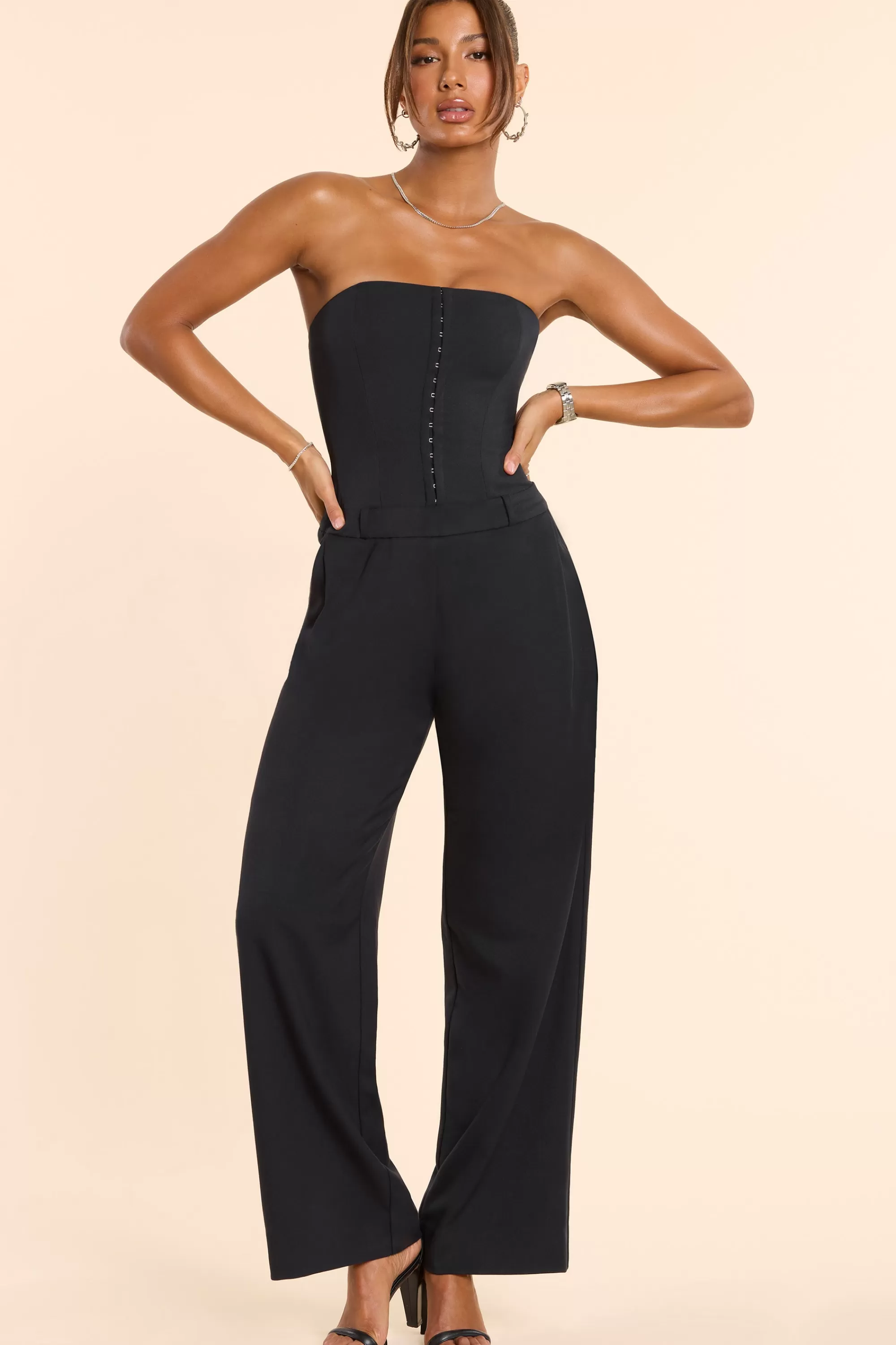 Oh Polly Brushed Twill Bandeau Corset Jumpsuit in Black Best Sale