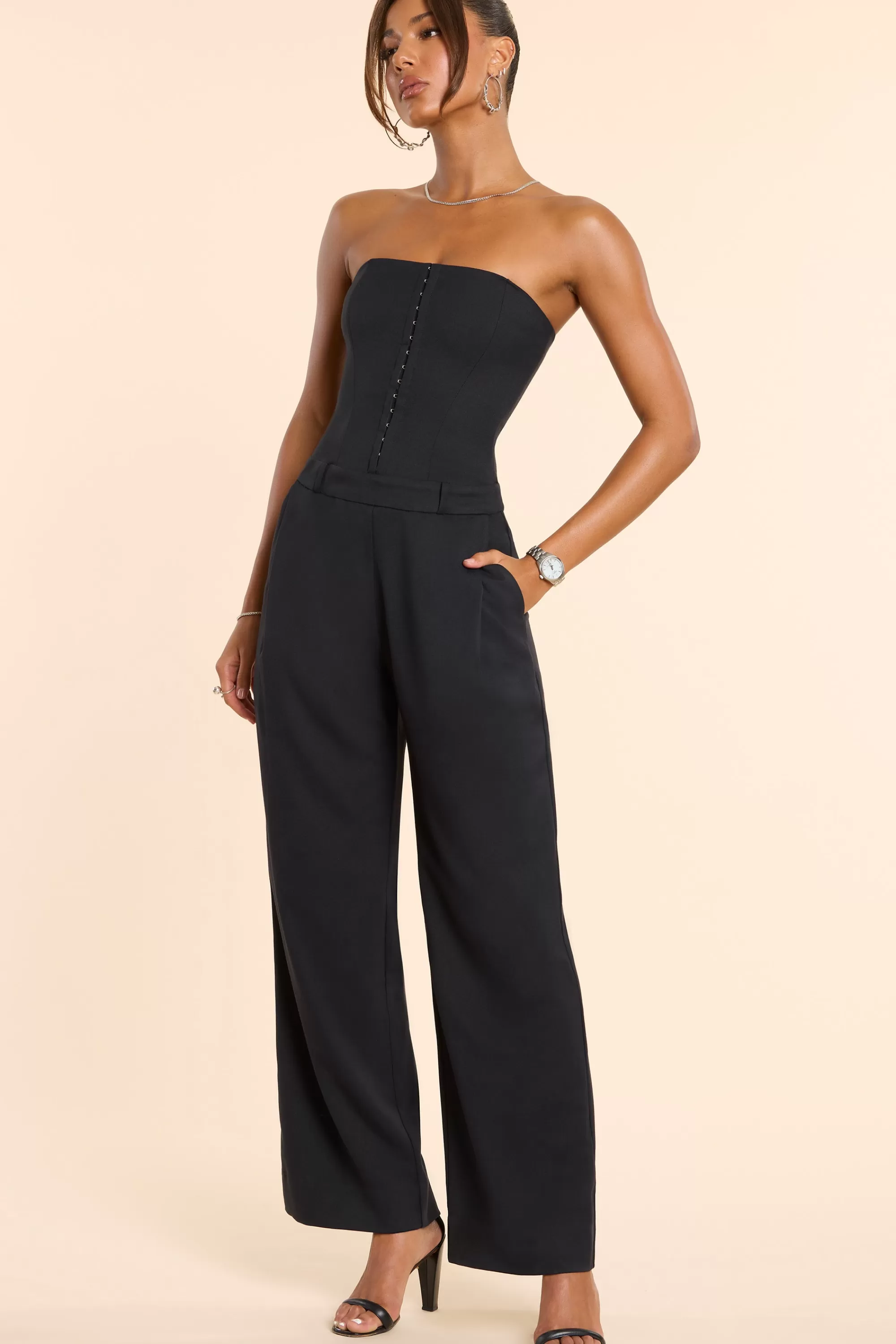 Oh Polly Brushed Twill Bandeau Corset Jumpsuit in Black Best Sale