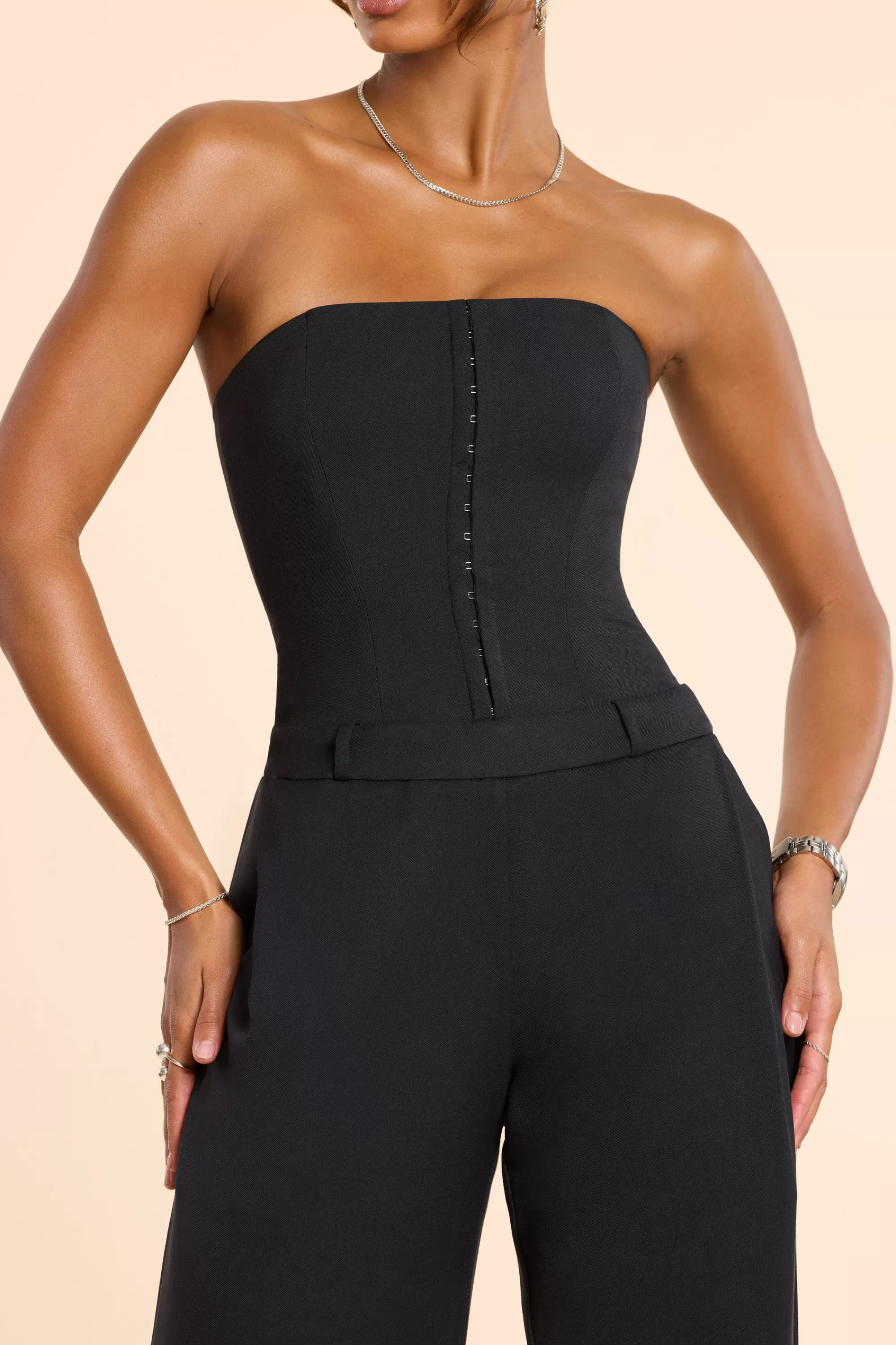 Oh Polly Brushed Twill Bandeau Corset Jumpsuit in Black Best Sale