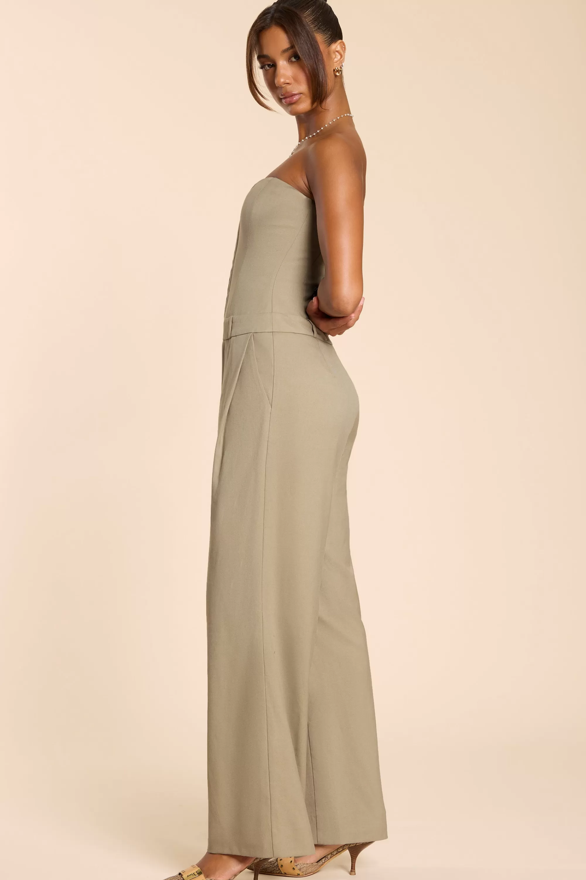 Oh Polly Brushed Twill Bandeau Corset Jumpsuit in Taupe Shop
