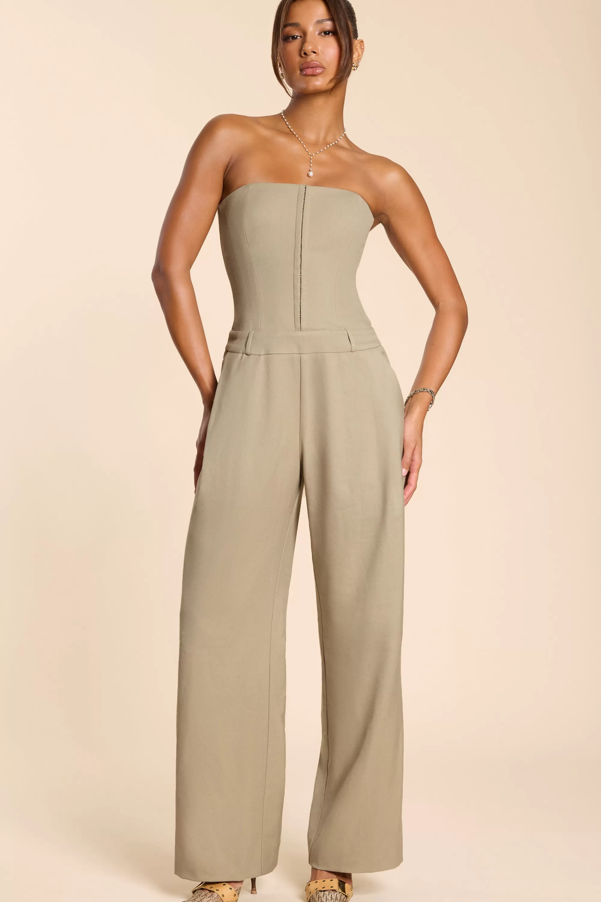 Oh Polly Brushed Twill Bandeau Corset Jumpsuit in Taupe Shop