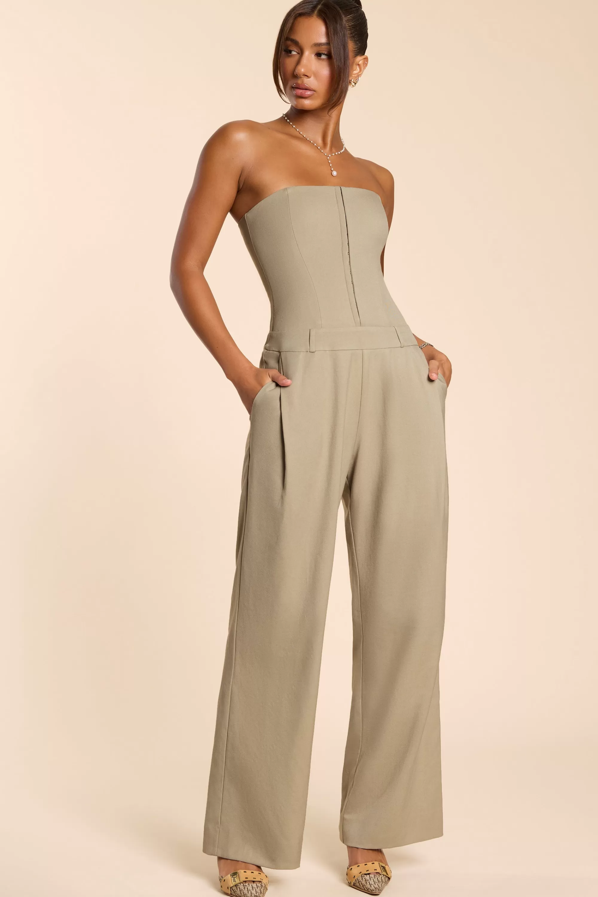 Oh Polly Brushed Twill Bandeau Corset Jumpsuit in Taupe Shop