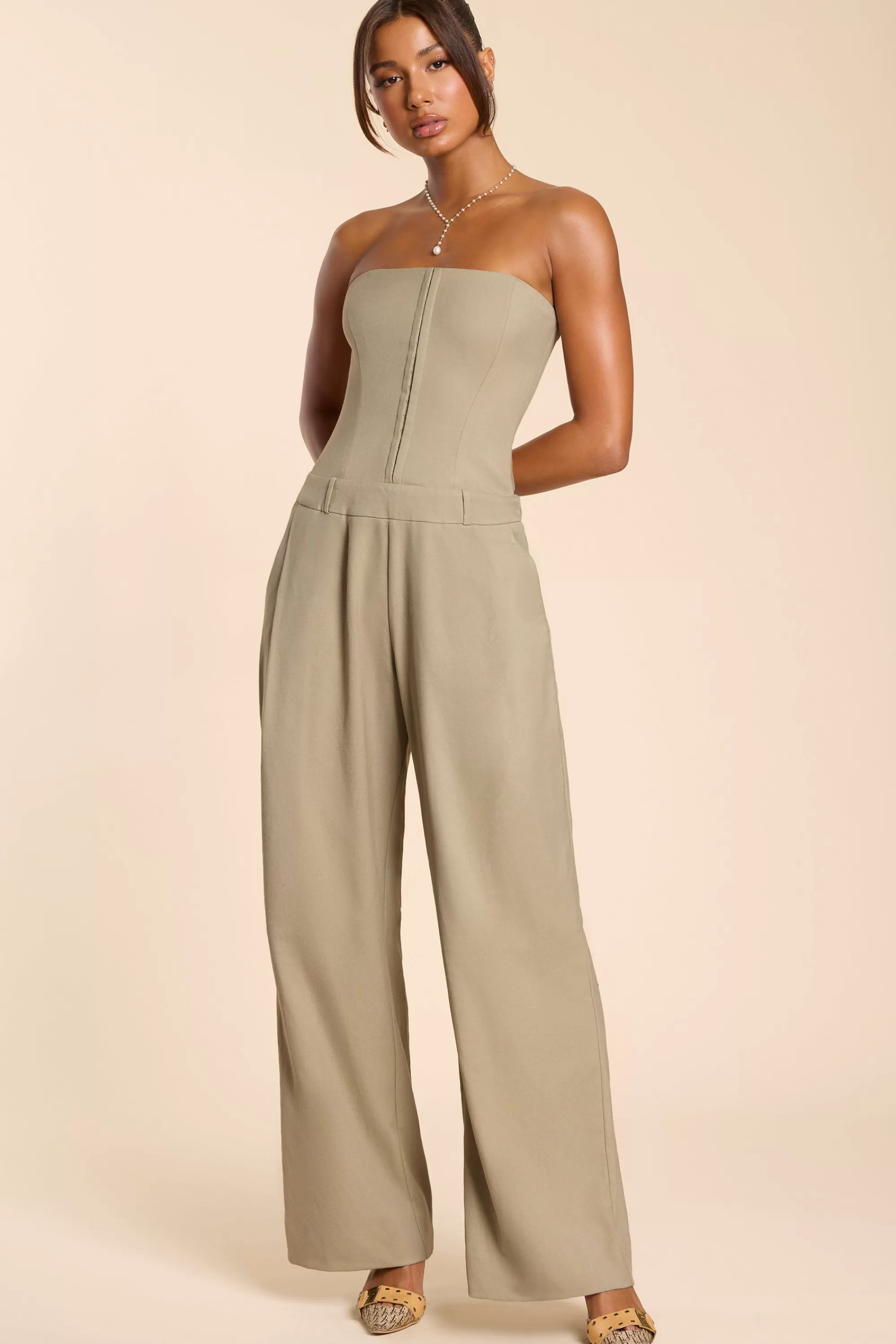 Oh Polly Brushed Twill Bandeau Corset Jumpsuit in Taupe Shop