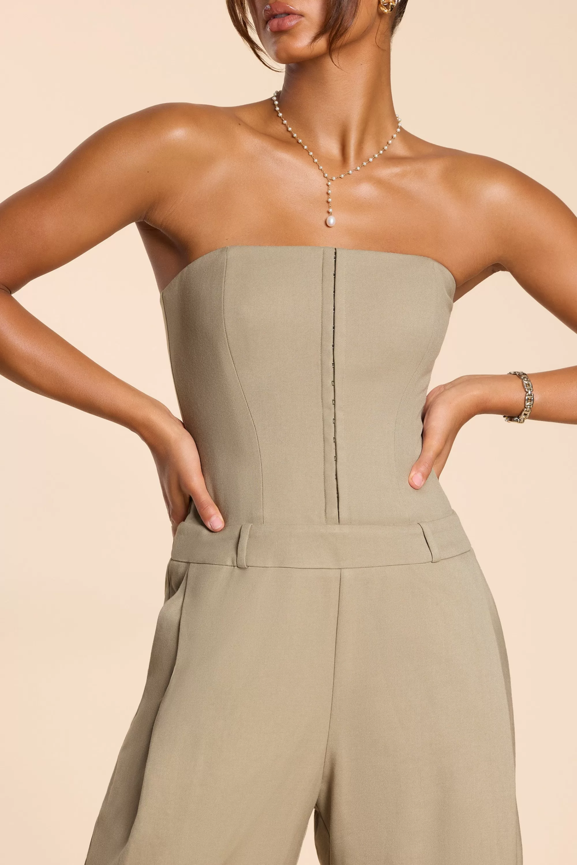 Oh Polly Brushed Twill Bandeau Corset Jumpsuit in Taupe Shop