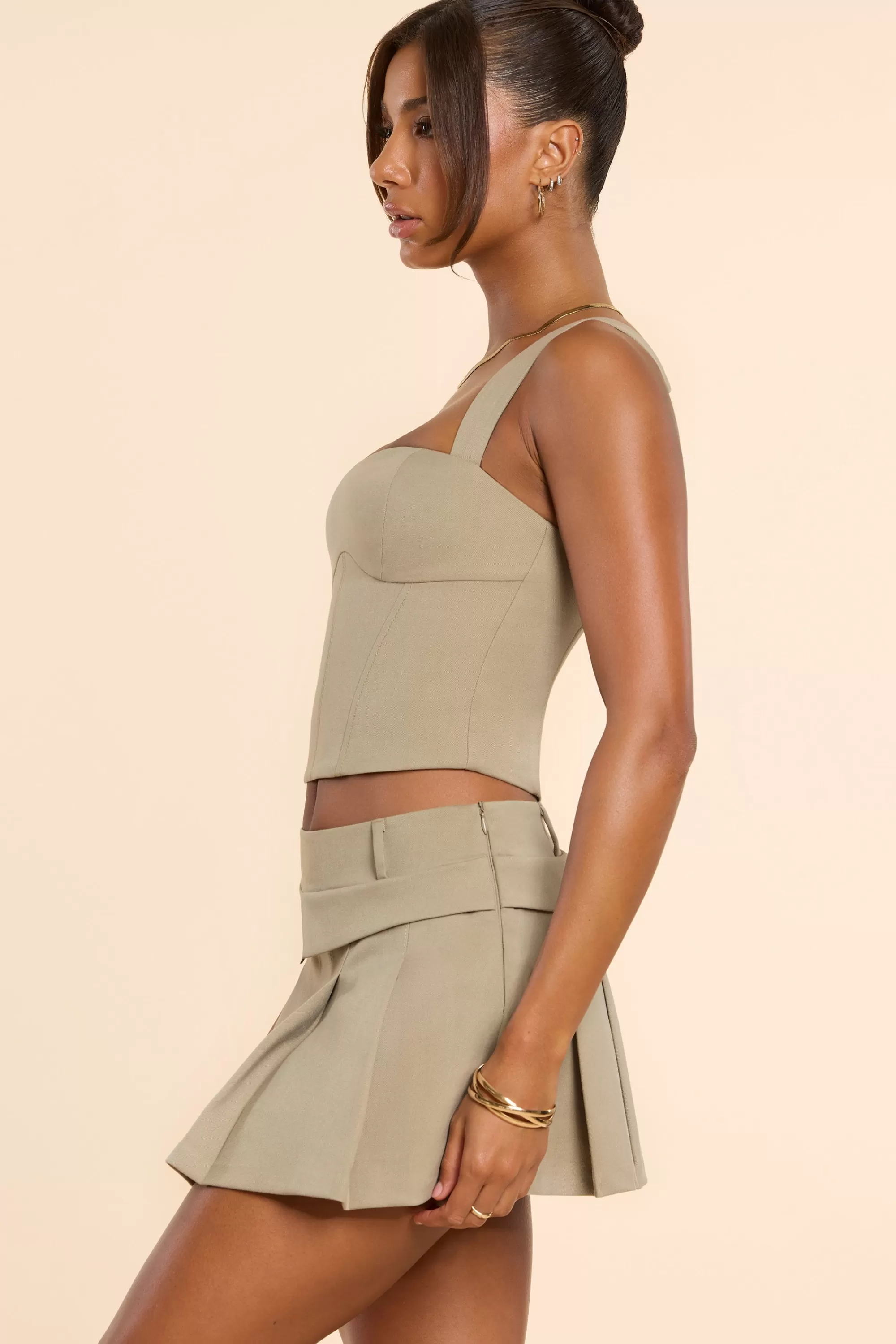 Oh Polly Brushed Twill Mid Rise Pleated Micro Mini Skirt in Taupe Online