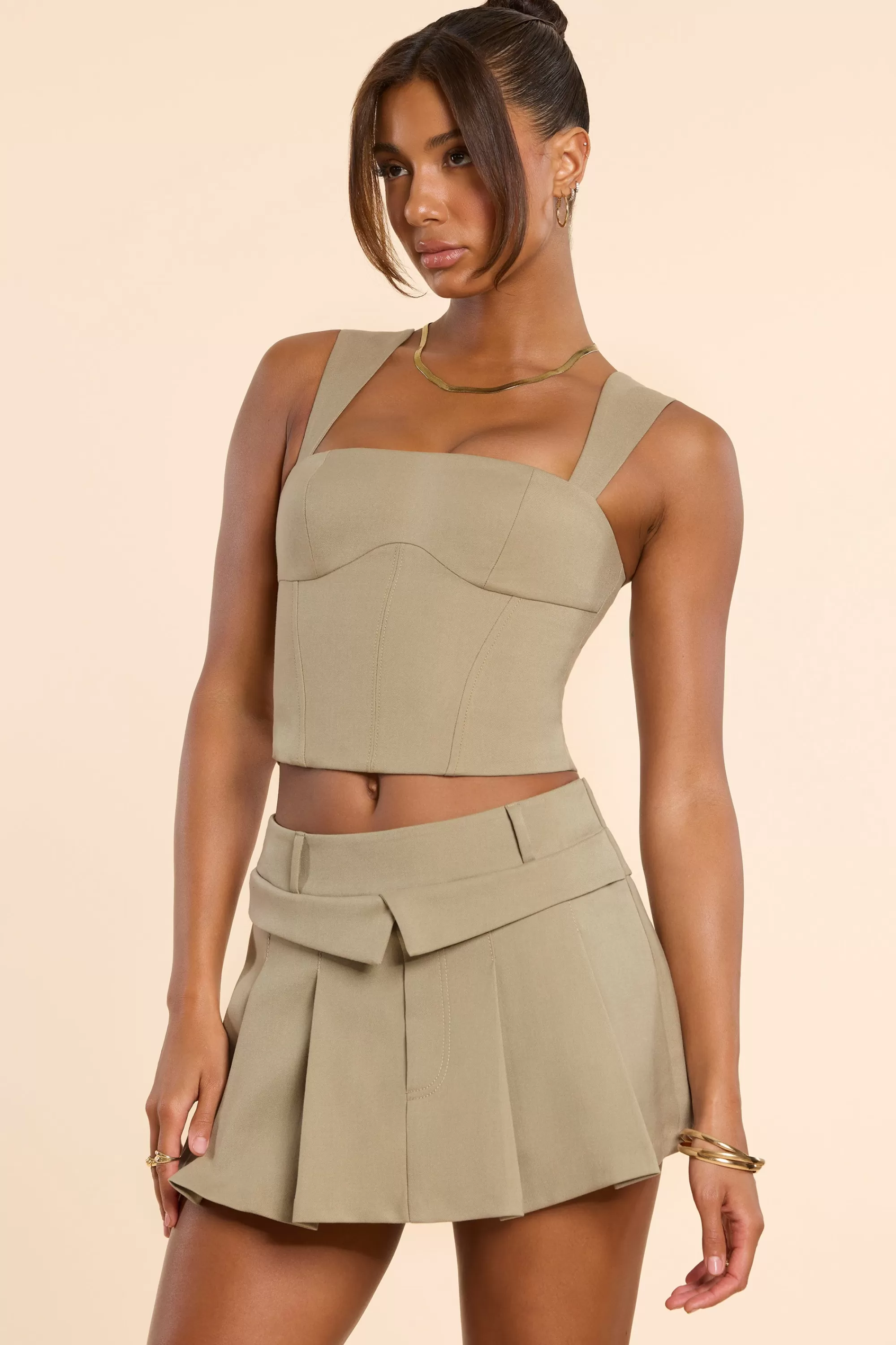Oh Polly Brushed Twill Mid Rise Pleated Micro Mini Skirt in Taupe Online