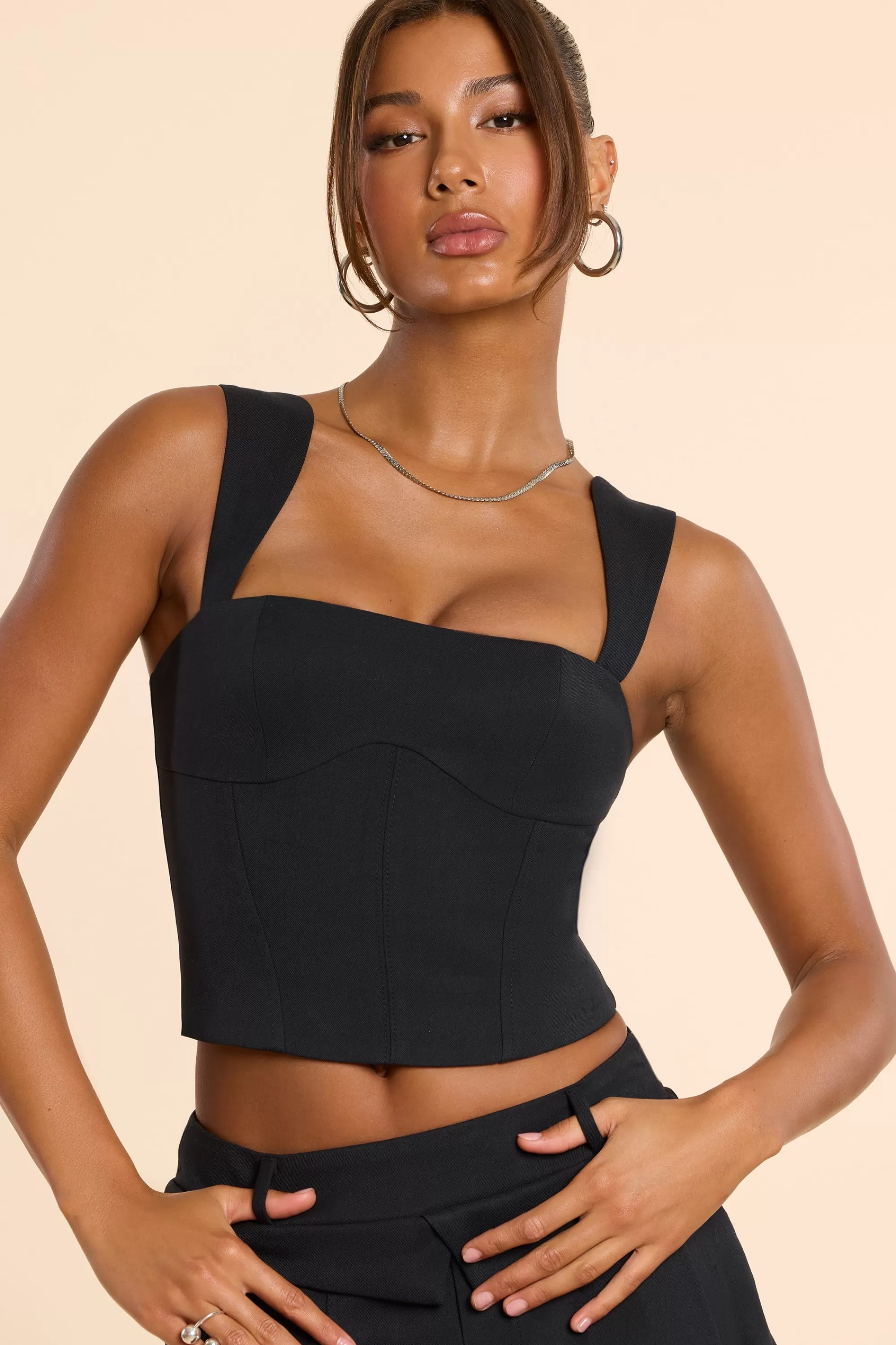 Oh Polly Brushed Twill Square Neck Tailored Top in Black Best Sale