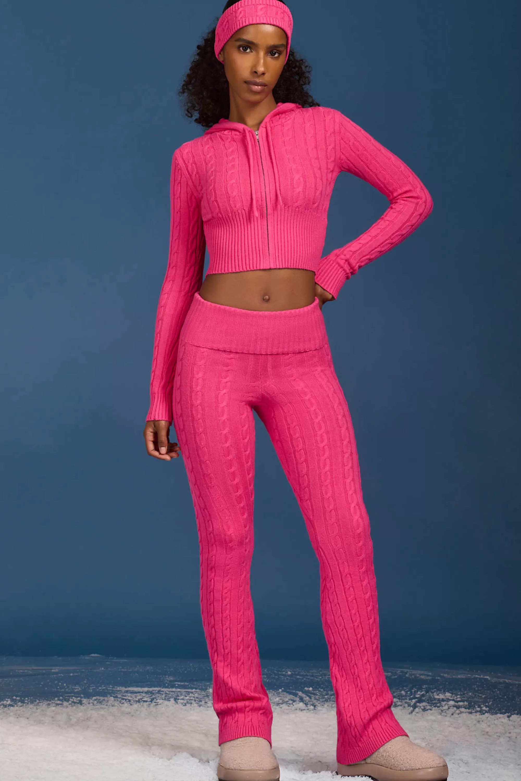 Oh Polly Cable-Knit Flared Trousers in Hot Pink HotPink Shop