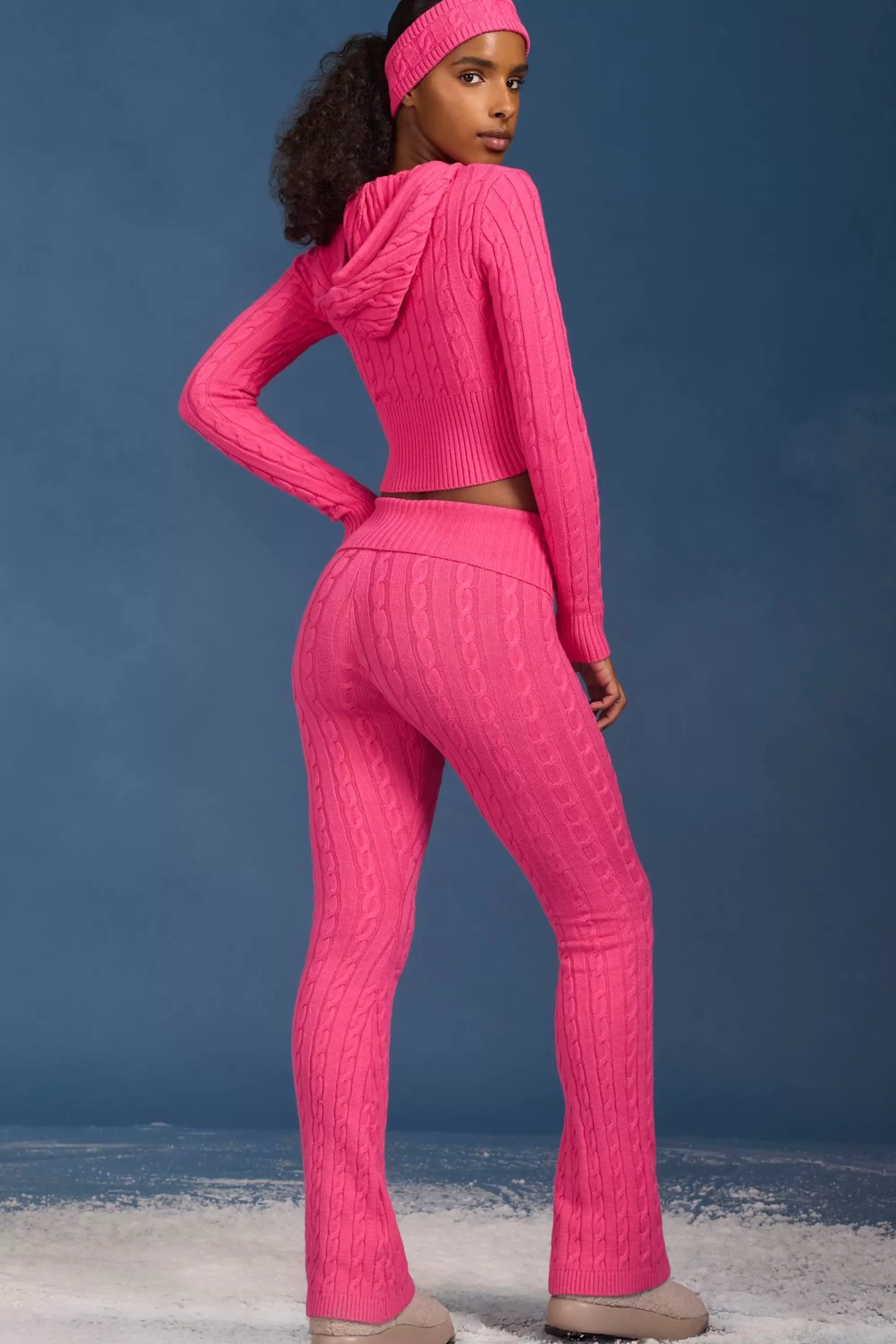 Oh Polly Cable-Knit Flared Trousers in Hot Pink HotPink Shop