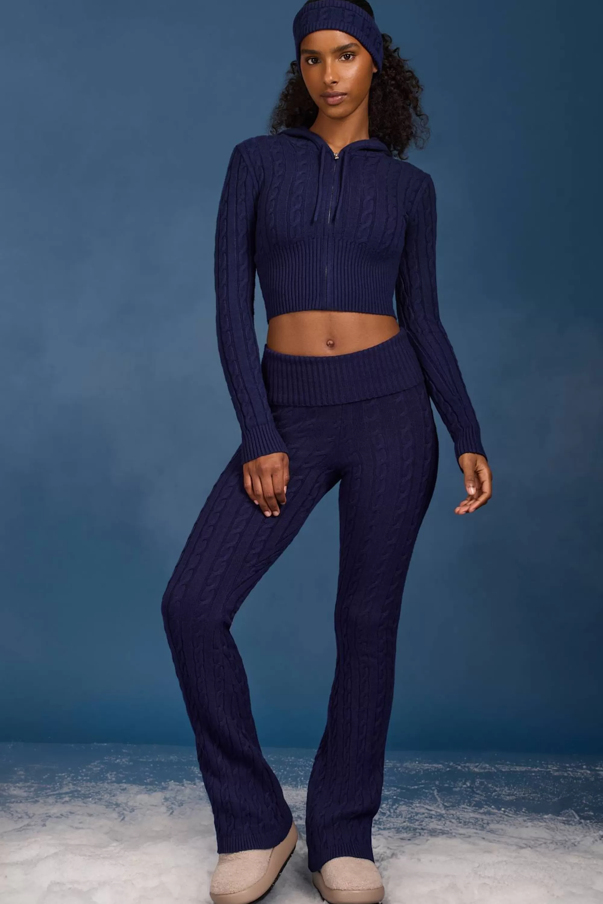 Oh Polly Cable-Knit Flared Trousers in Navy Flash Sale