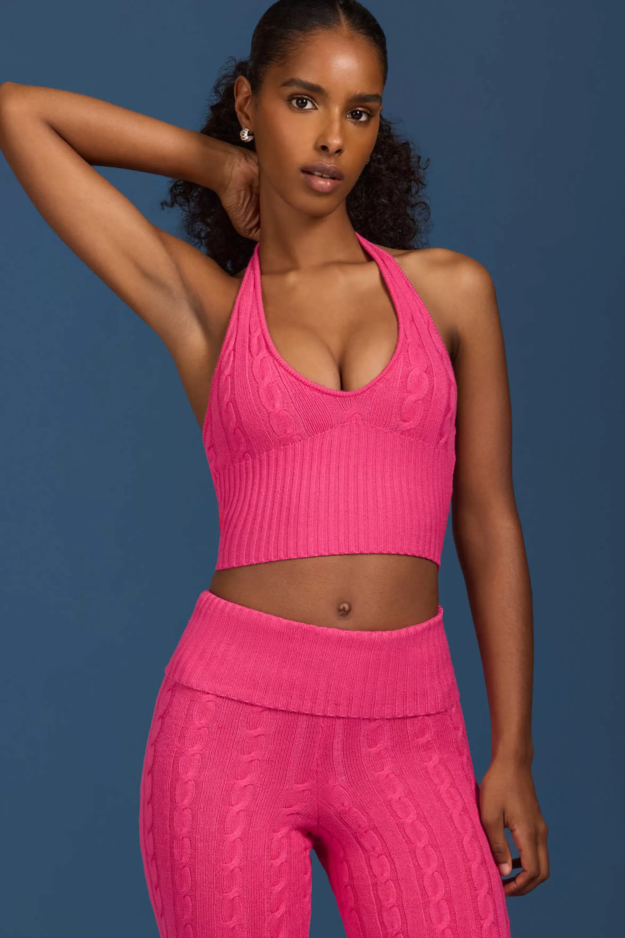 Oh Polly Cable-Knit Halterneck Crop Top in Hot Pink HotPink Shop