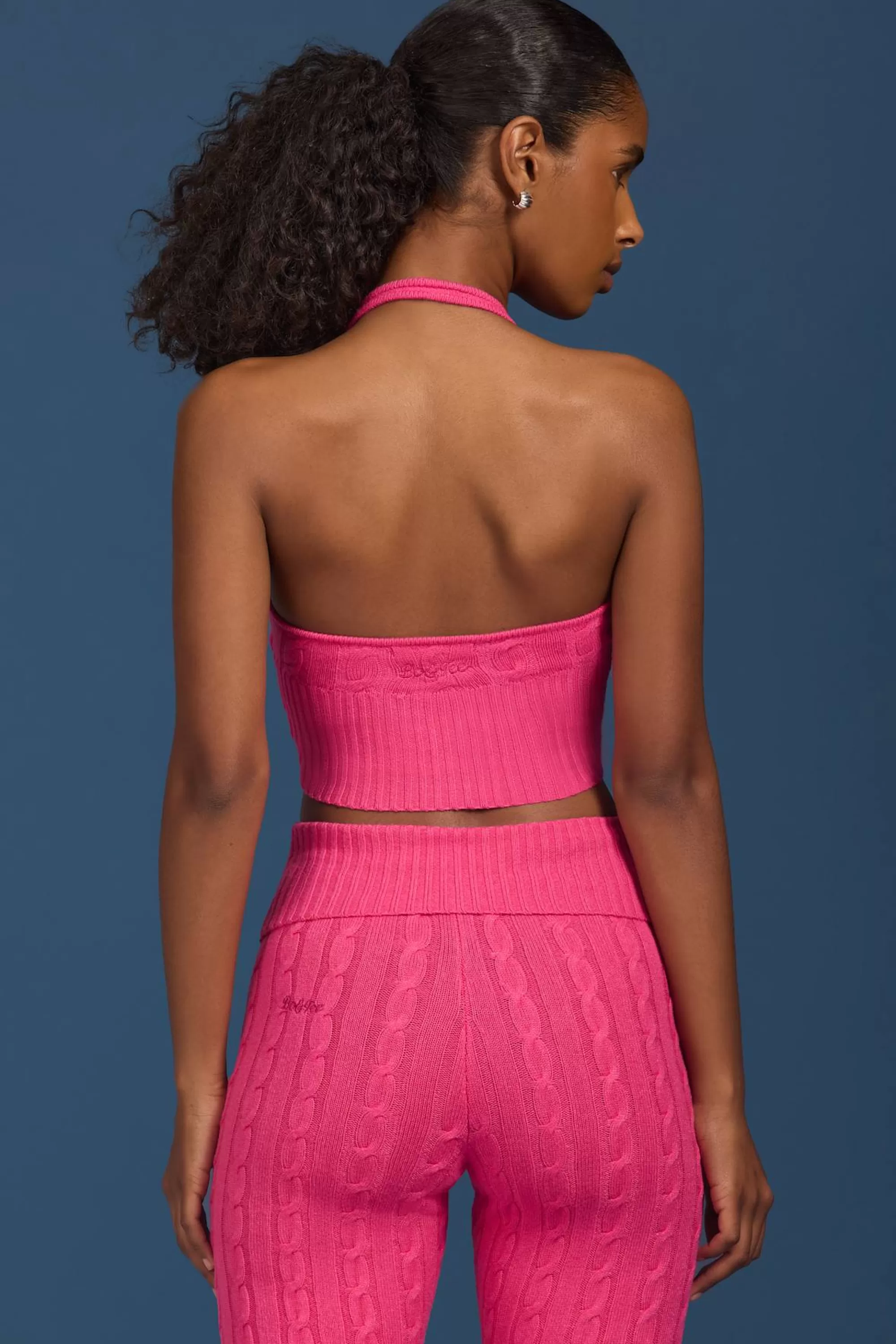 Oh Polly Cable-Knit Halterneck Crop Top in Hot Pink HotPink Shop