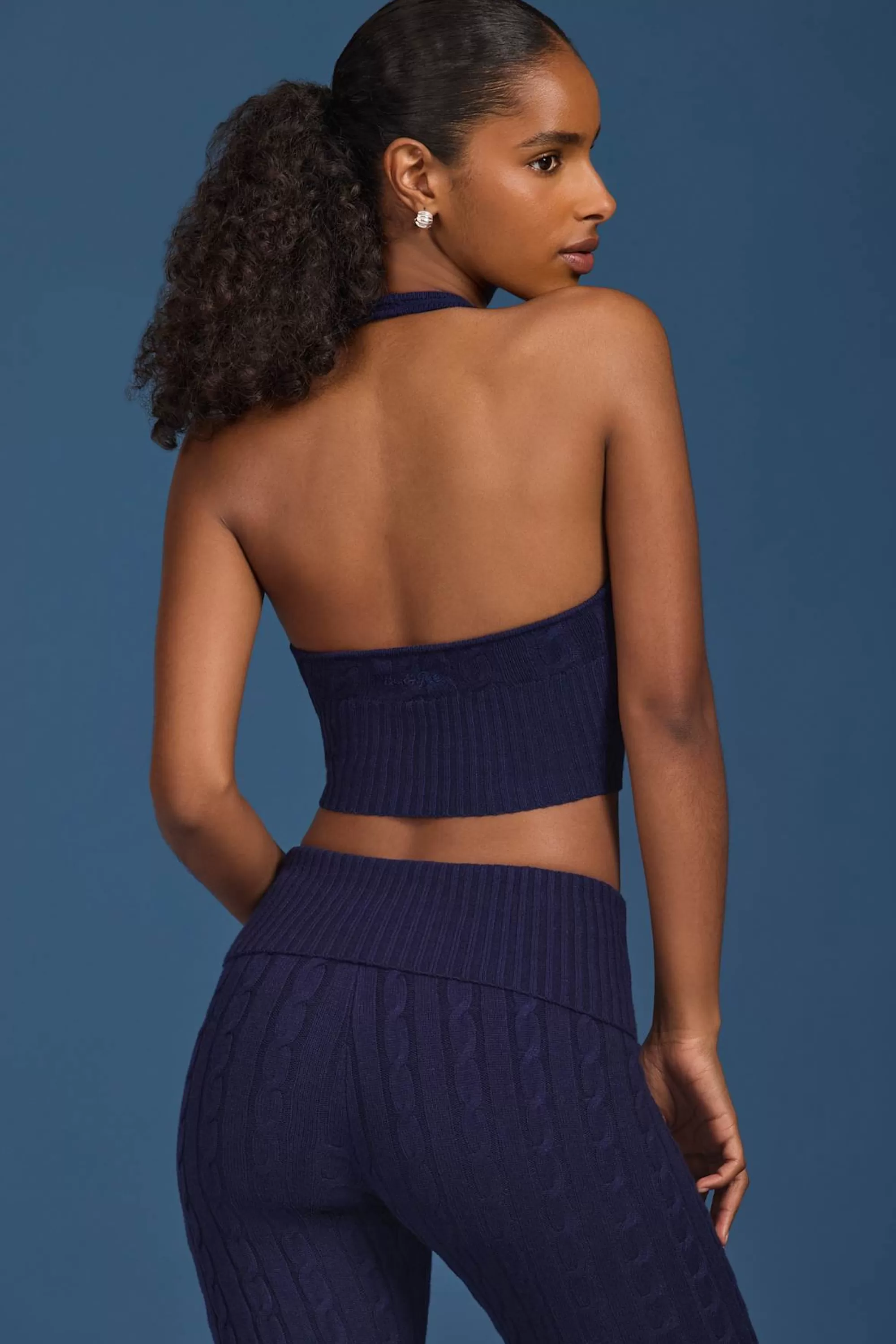 Oh Polly Cable-Knit Halterneck Crop Top in Navy Store