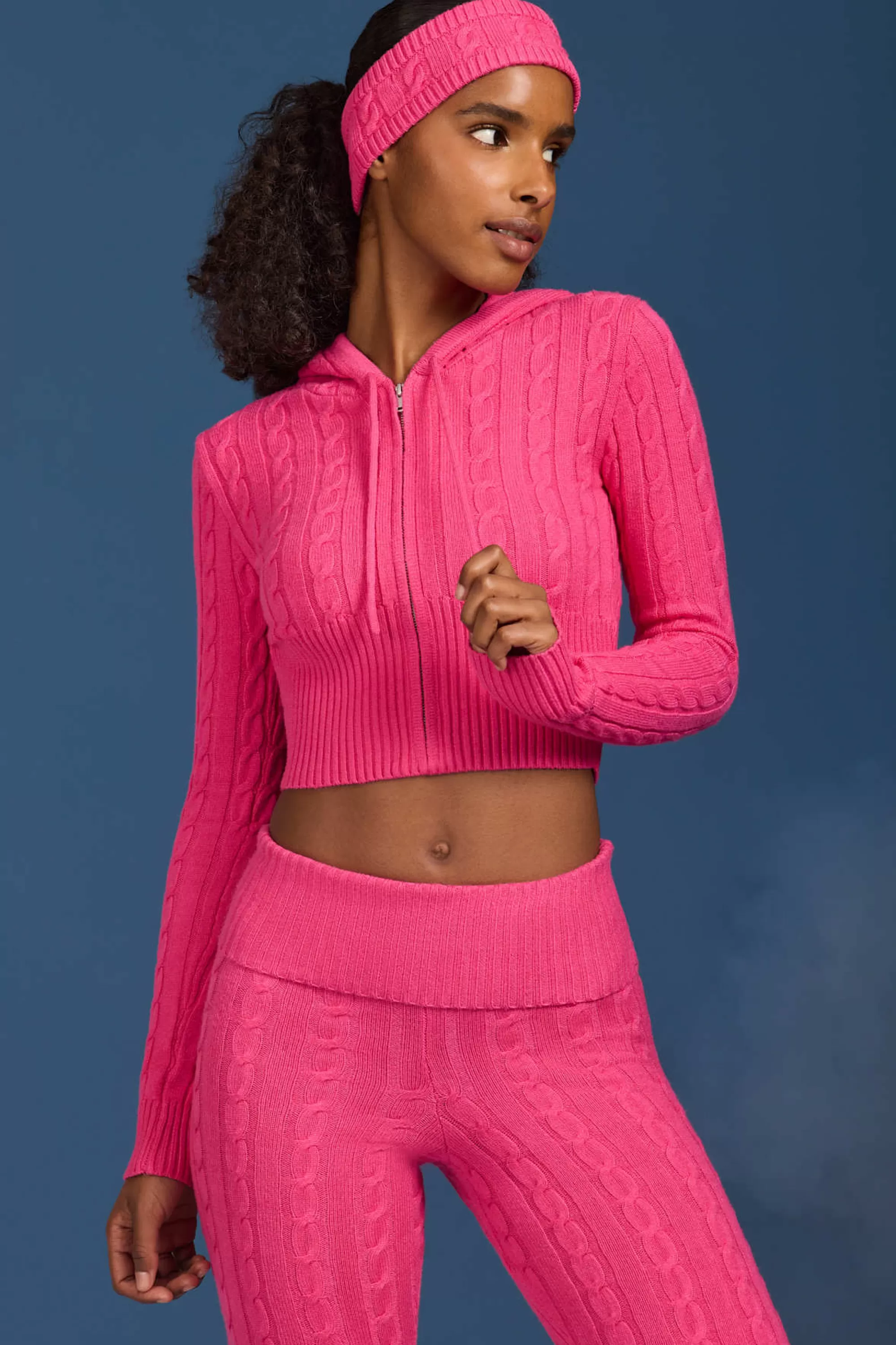 Oh Polly Cable-Knit Zip-Up Hoodie in Hot Pink HotPink Shop