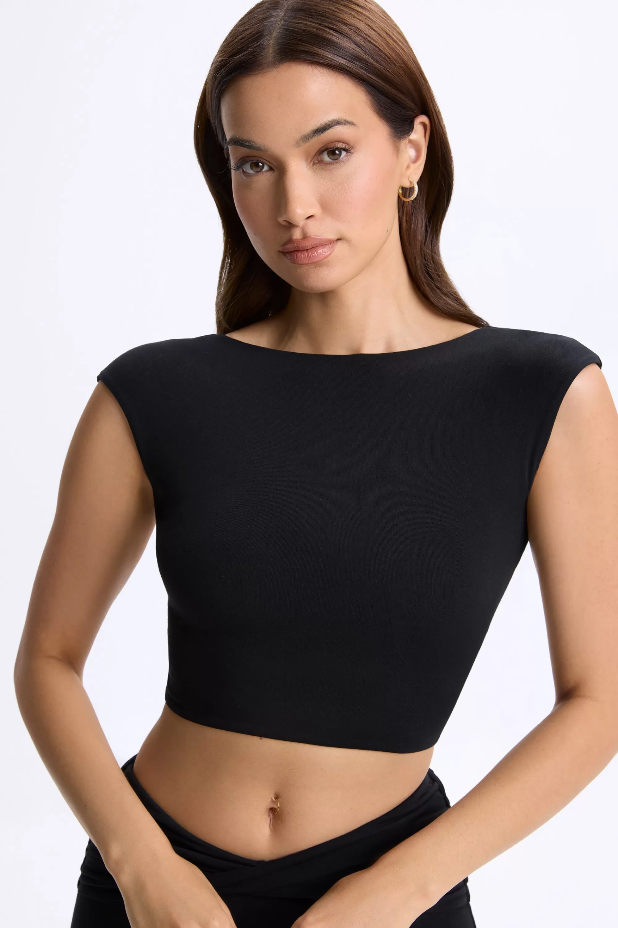 Oh Polly Cap-Sleeve Open-Back Crop Top in Black Online