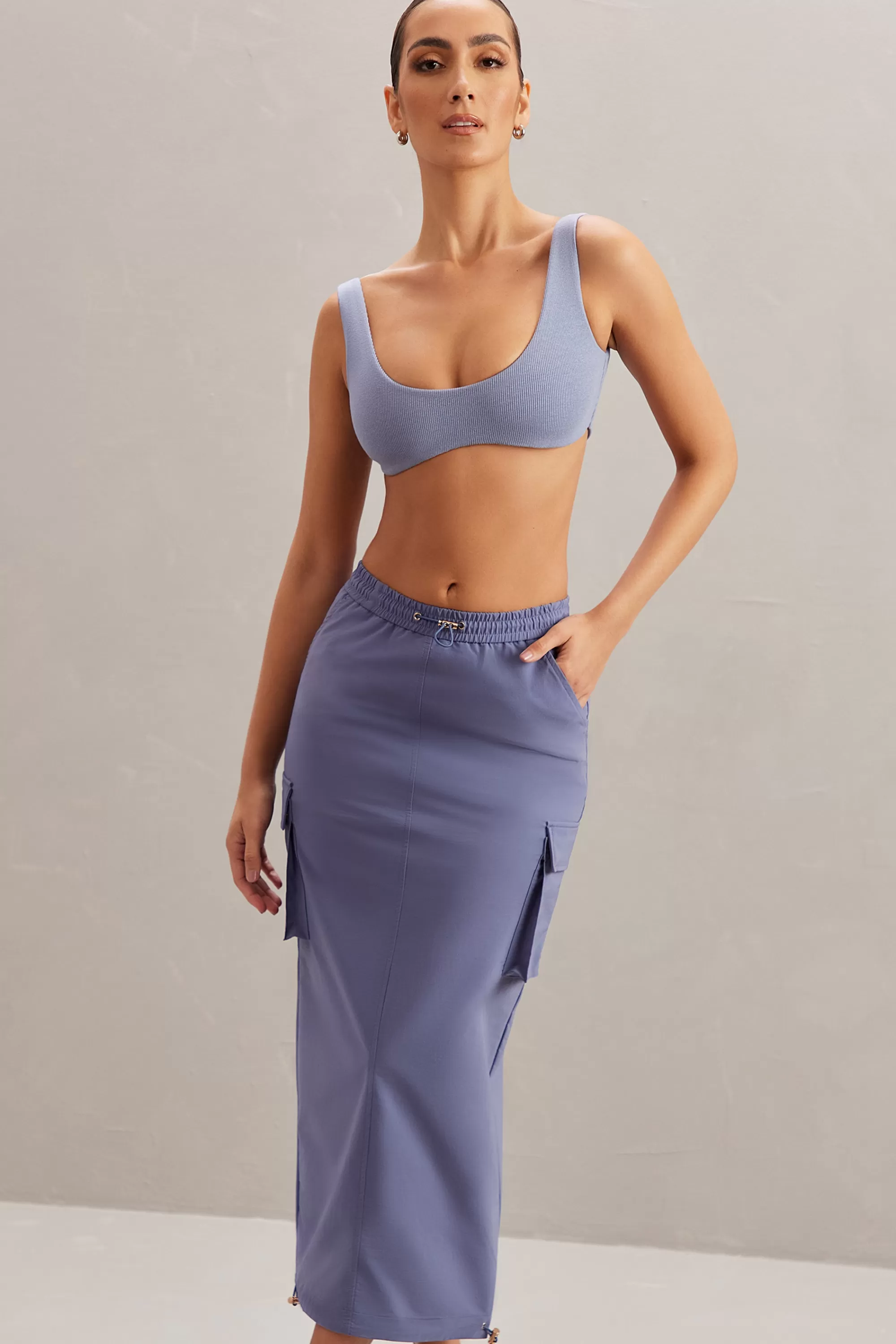 Oh Polly Cargo Maxi Skirt in Dusty Blue Navy Best