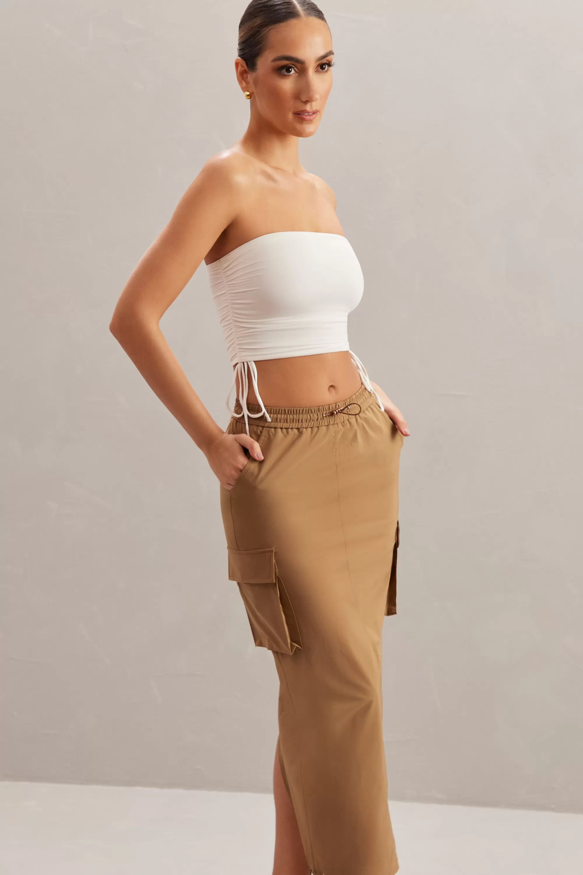 Oh Polly Cargo Maxi Skirt in Tan Best