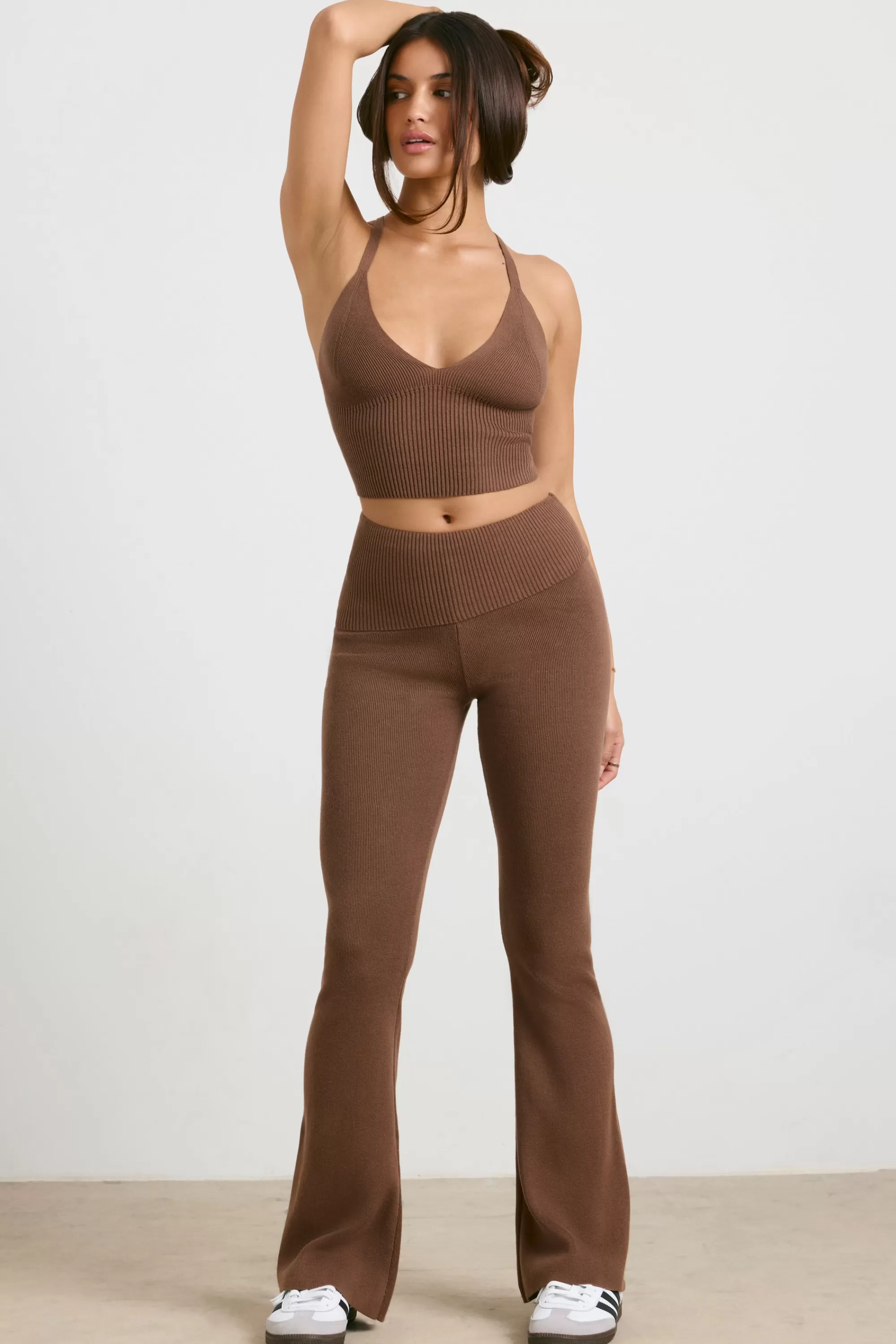 Oh Polly Chunky Knit Kick Flare Trousers in Espresso New