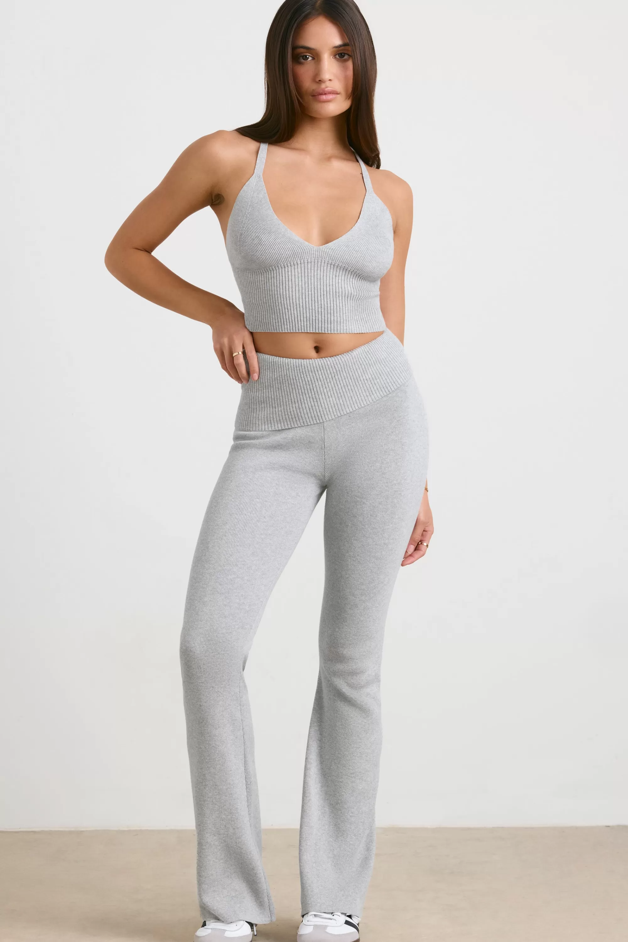 Oh Polly Chunky Knit Kick Flare Trousers in Heather Grey HeatherGrey Online