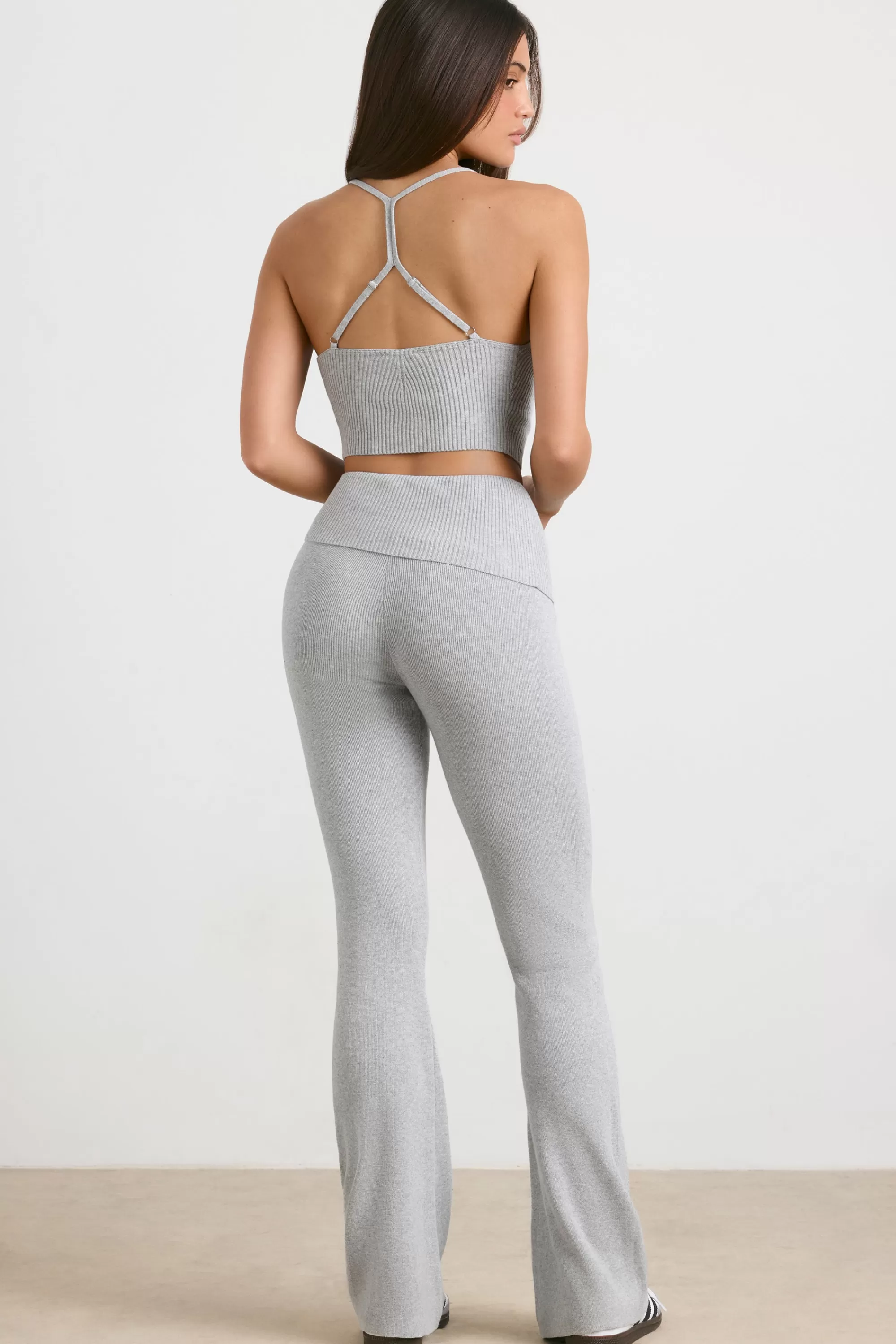 Oh Polly Chunky Knit Kick Flare Trousers in Heather Grey HeatherGrey Online