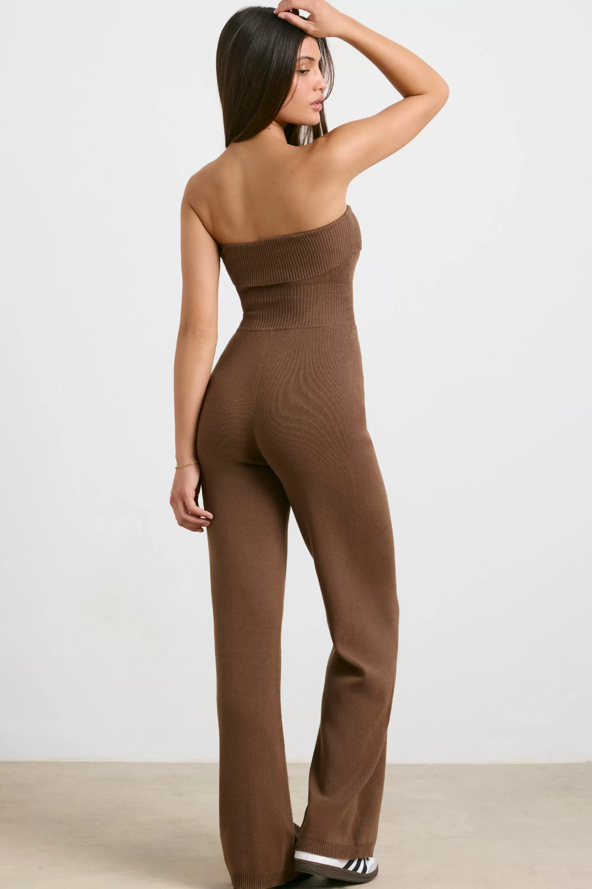 Oh Polly Chunky Knit Kick Flare Unitard in Espresso Hot