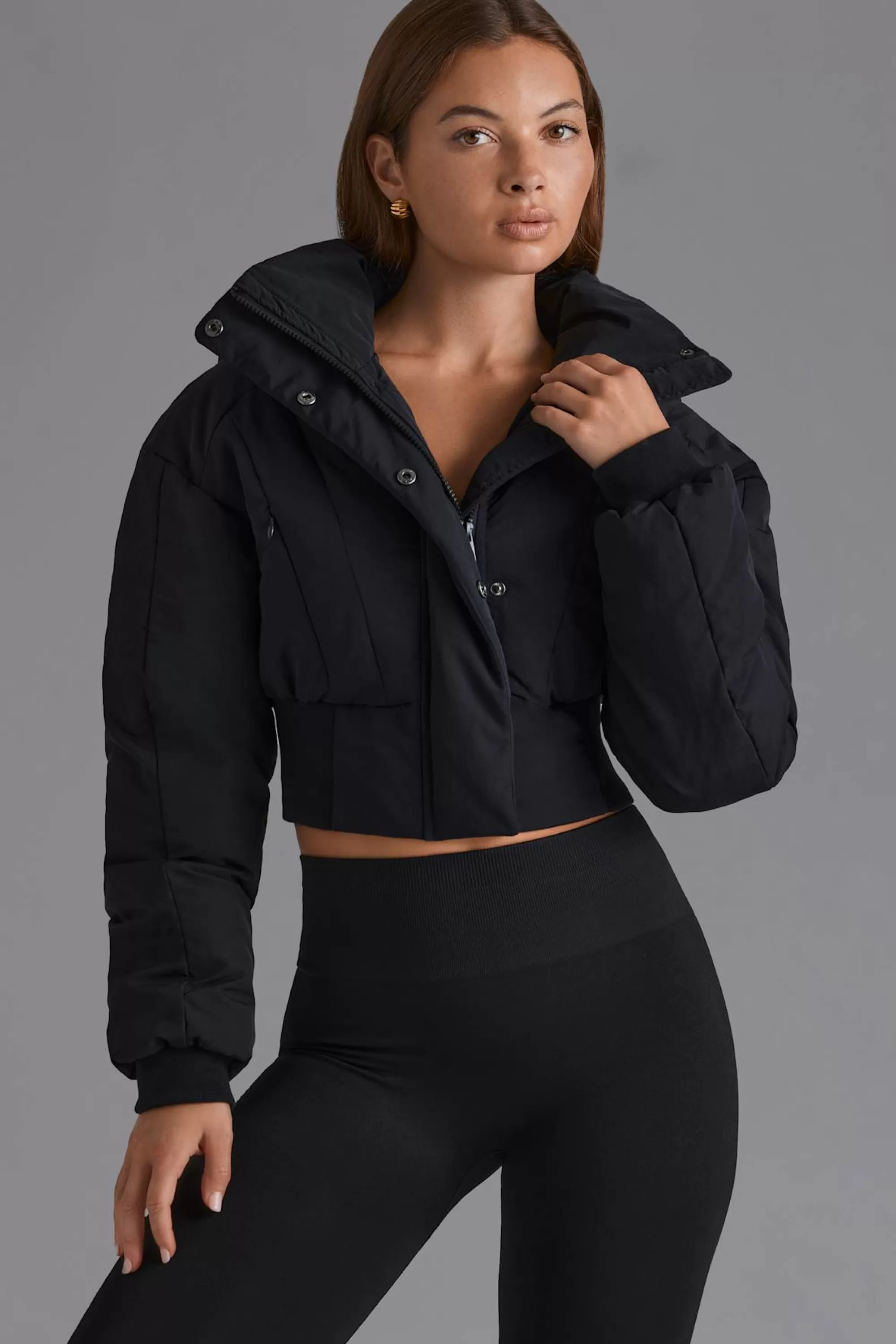 Oh Polly Contour Hooded Cropped Puffer Jacket in Black Hot