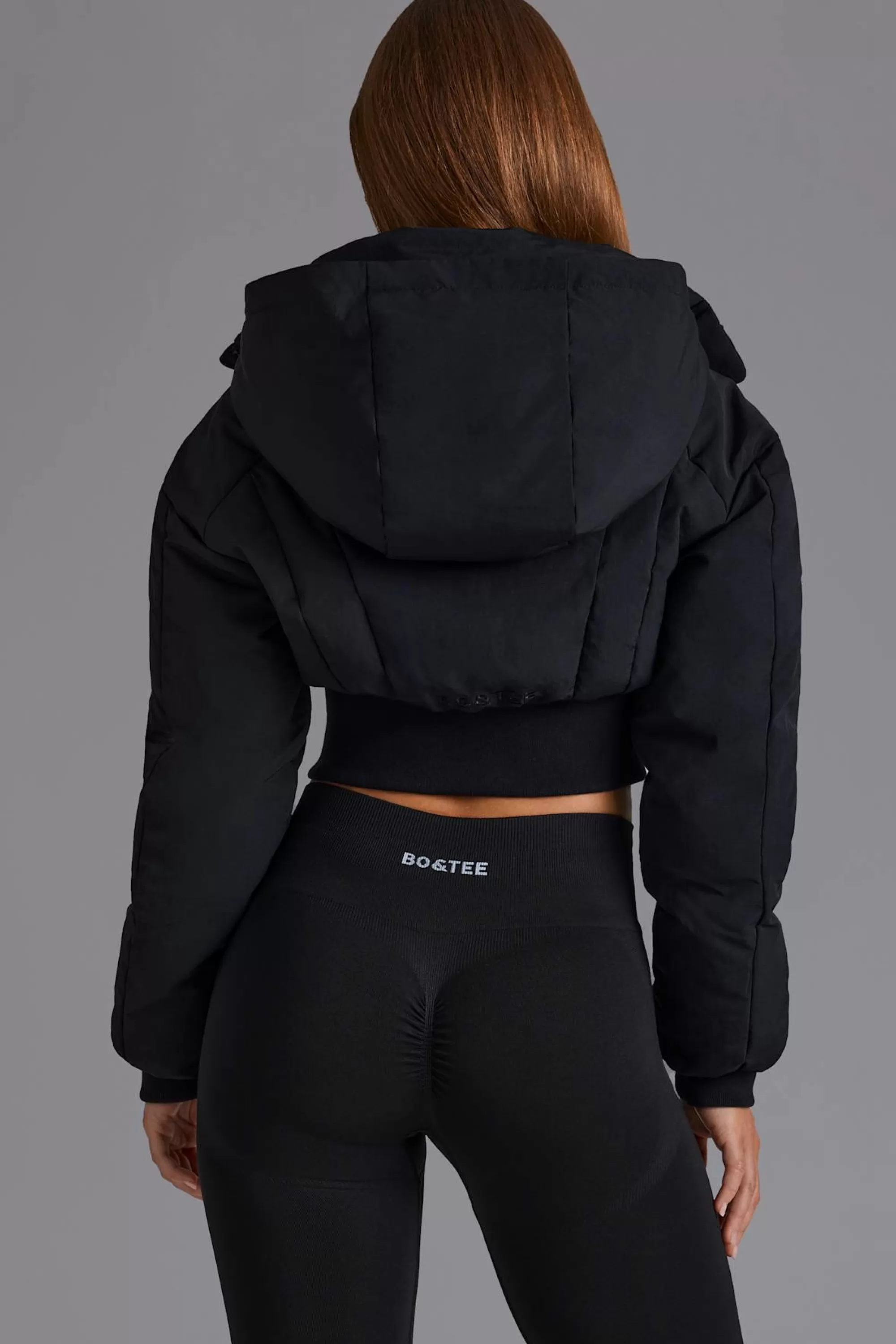 Oh Polly Contour Hooded Cropped Puffer Jacket in Black Hot