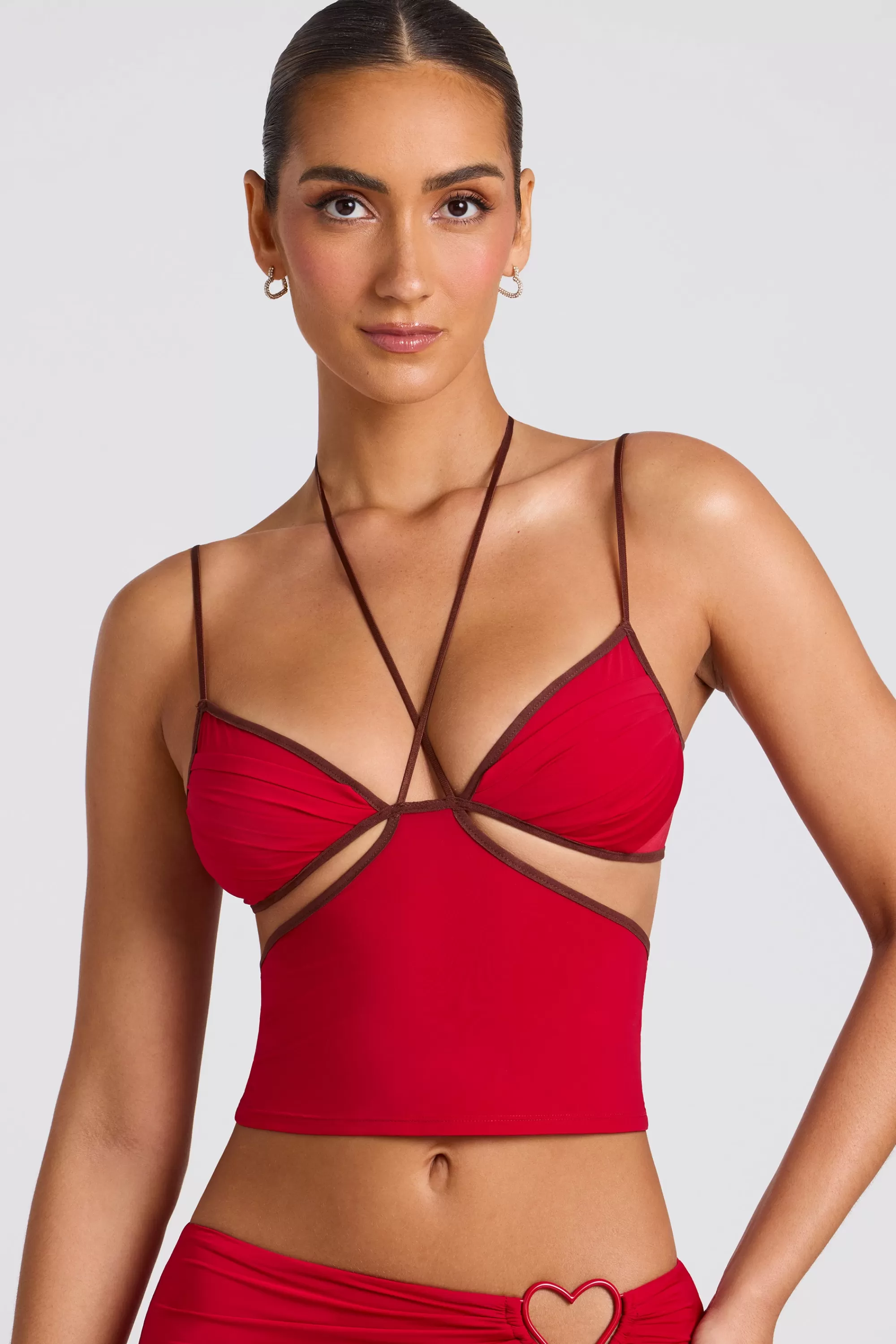 Oh Polly Contrast Binding Cami Top in Fire Red FireRed Best Sale