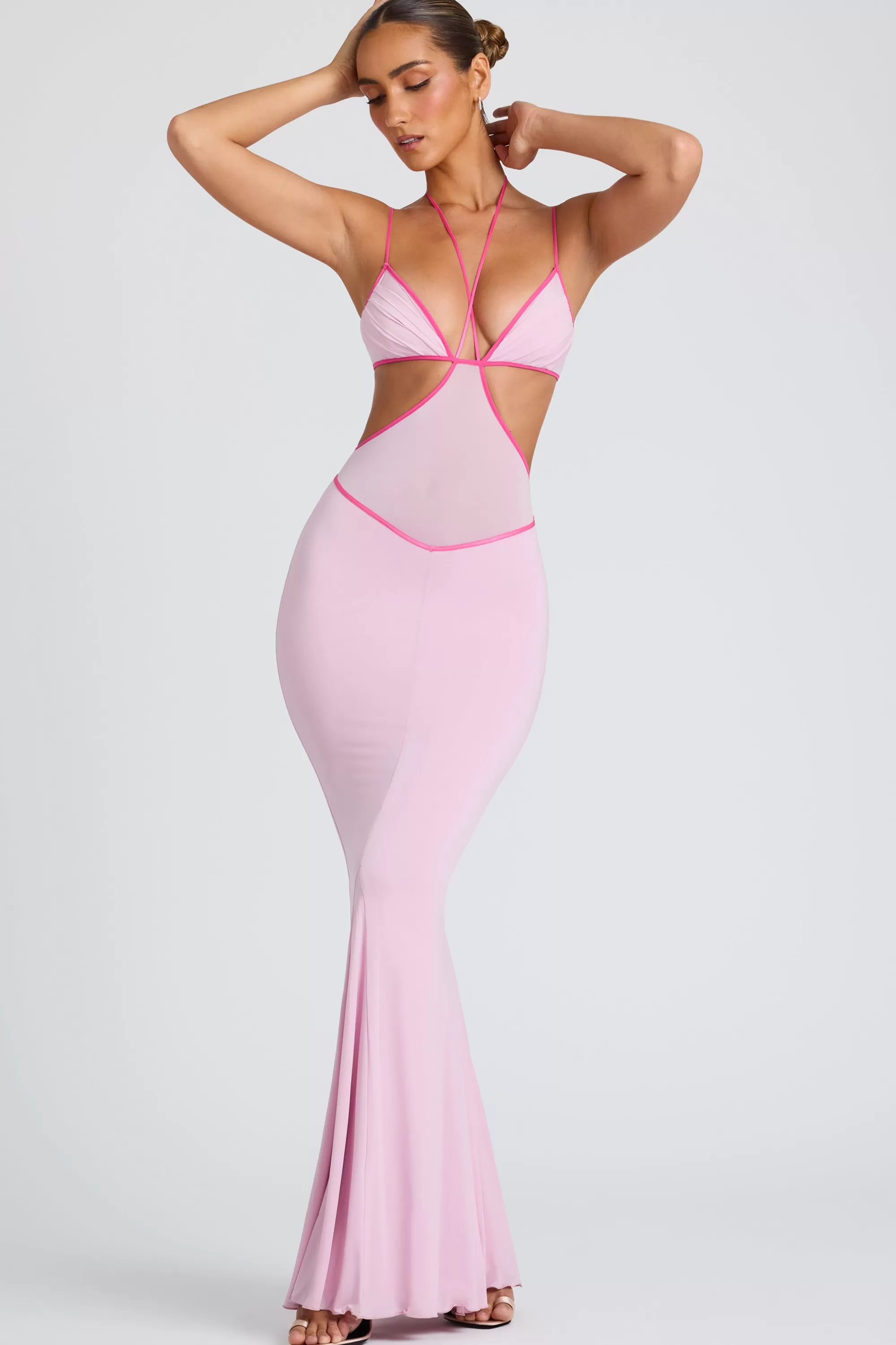 Oh Polly Contrast Binding Cut Out Evening Gown in Soft Pink SoftPink Online